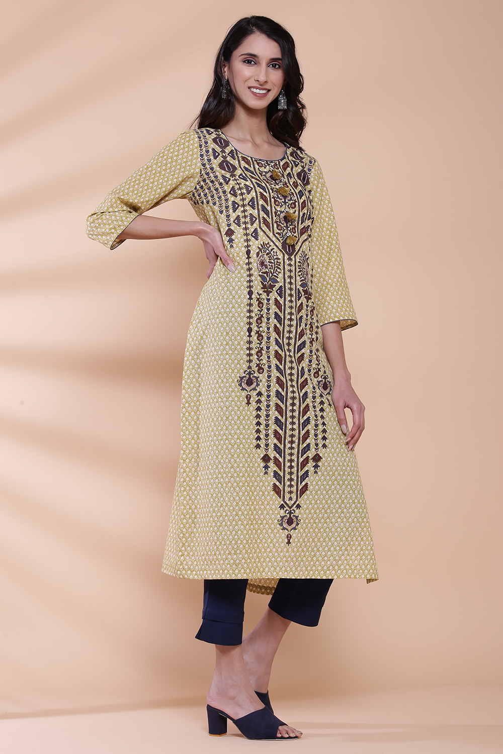 Blue Cotton Straight Printed Kurta image number 3