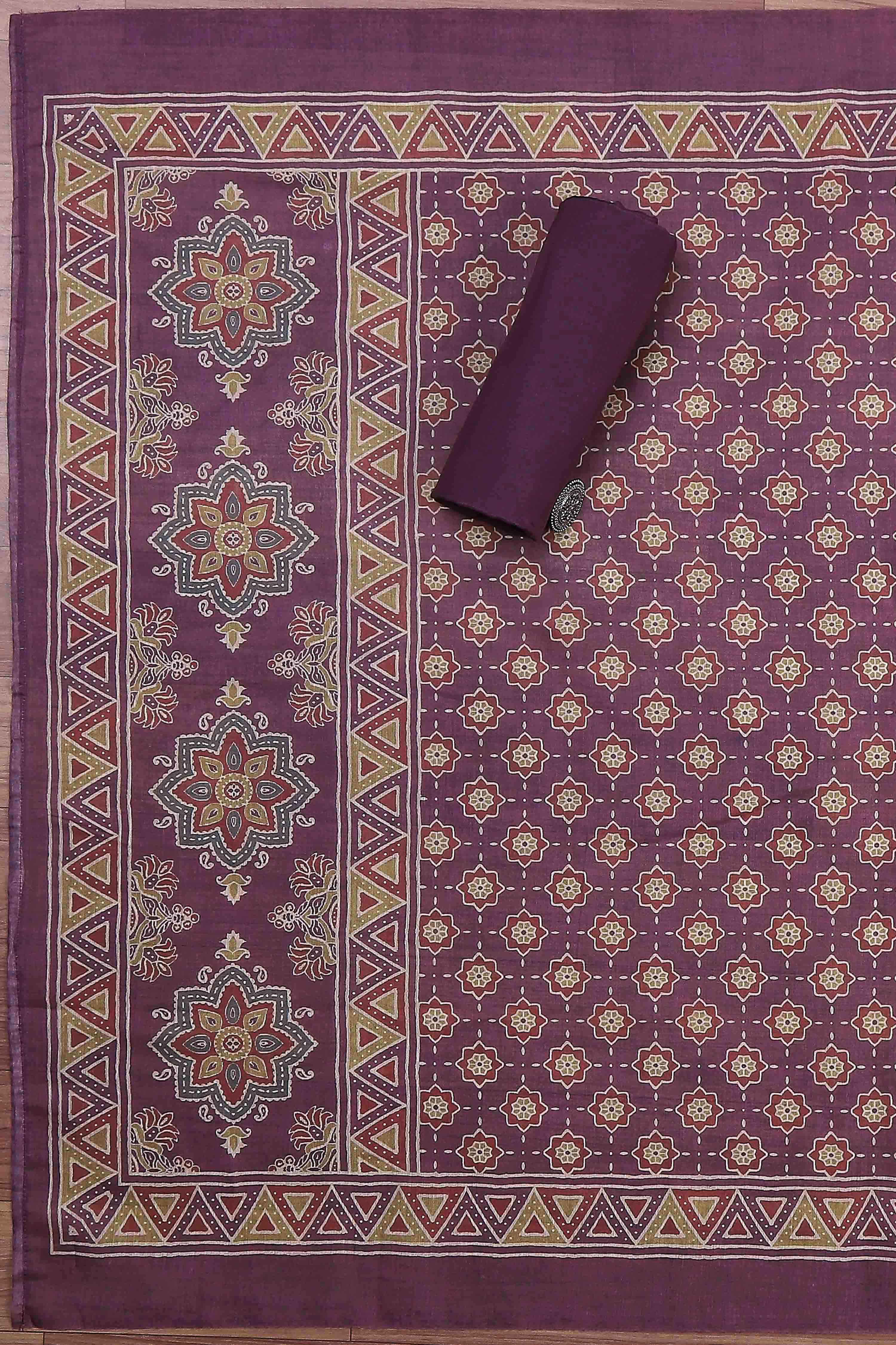 Grey Chanderi Rajasthani Print Unstitched Suit Set image number 3