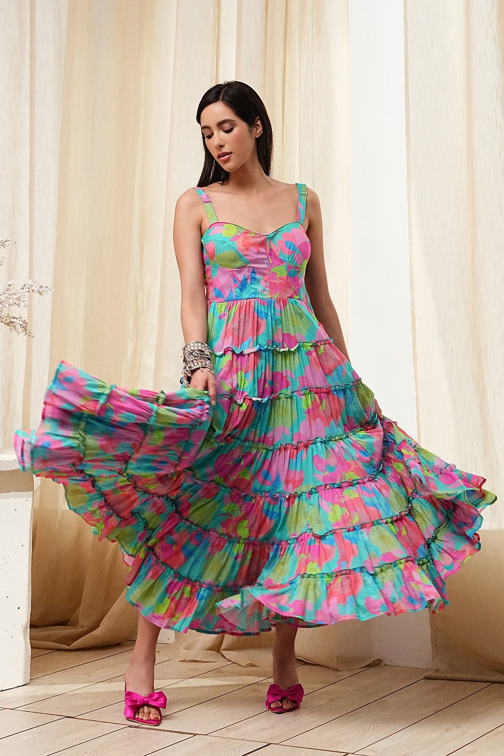 Turquoise Cotton Floral Printed Tiered Dress image number 2