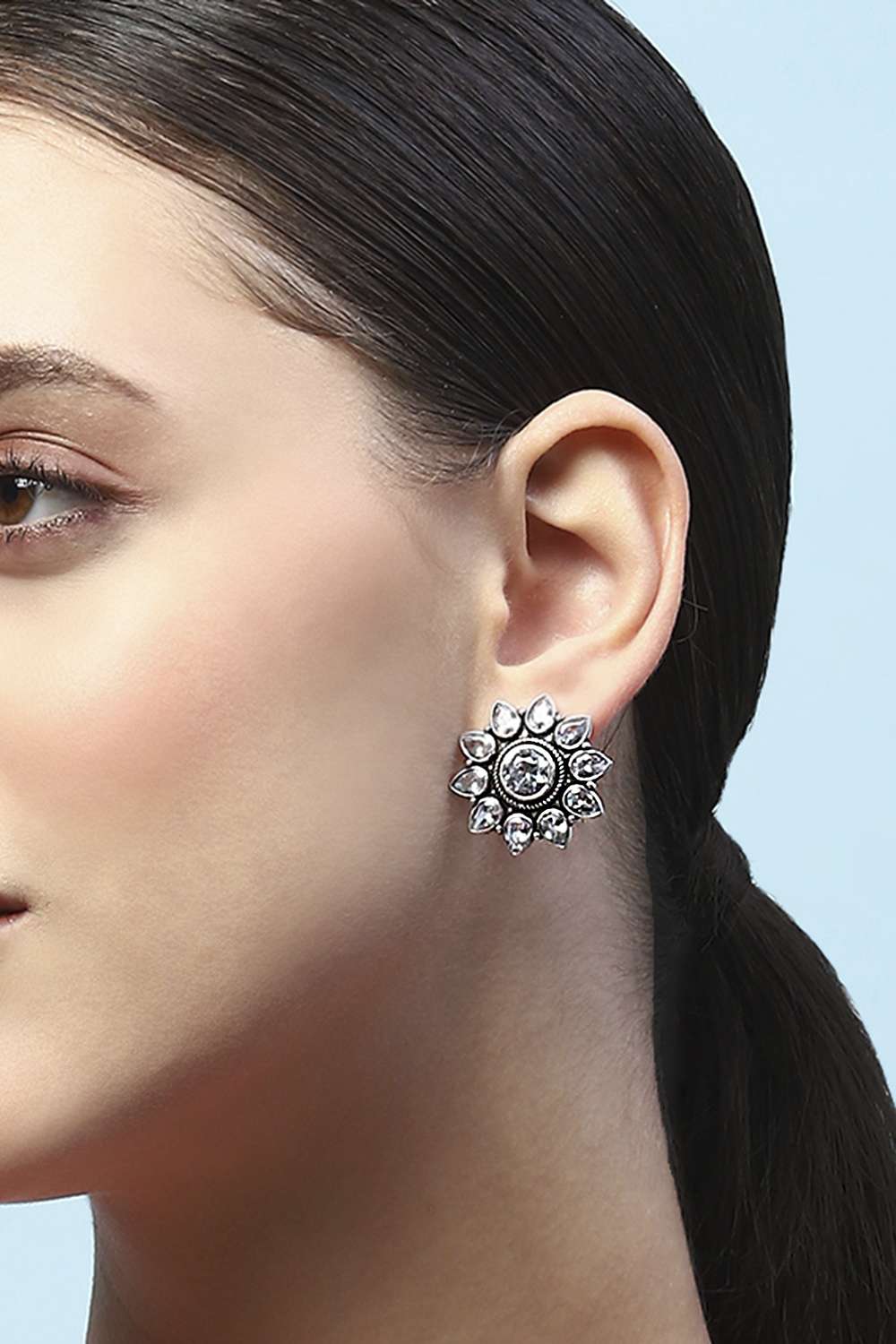 White Oxidised Stone Studded Floral-Shaped Studs image number 3
