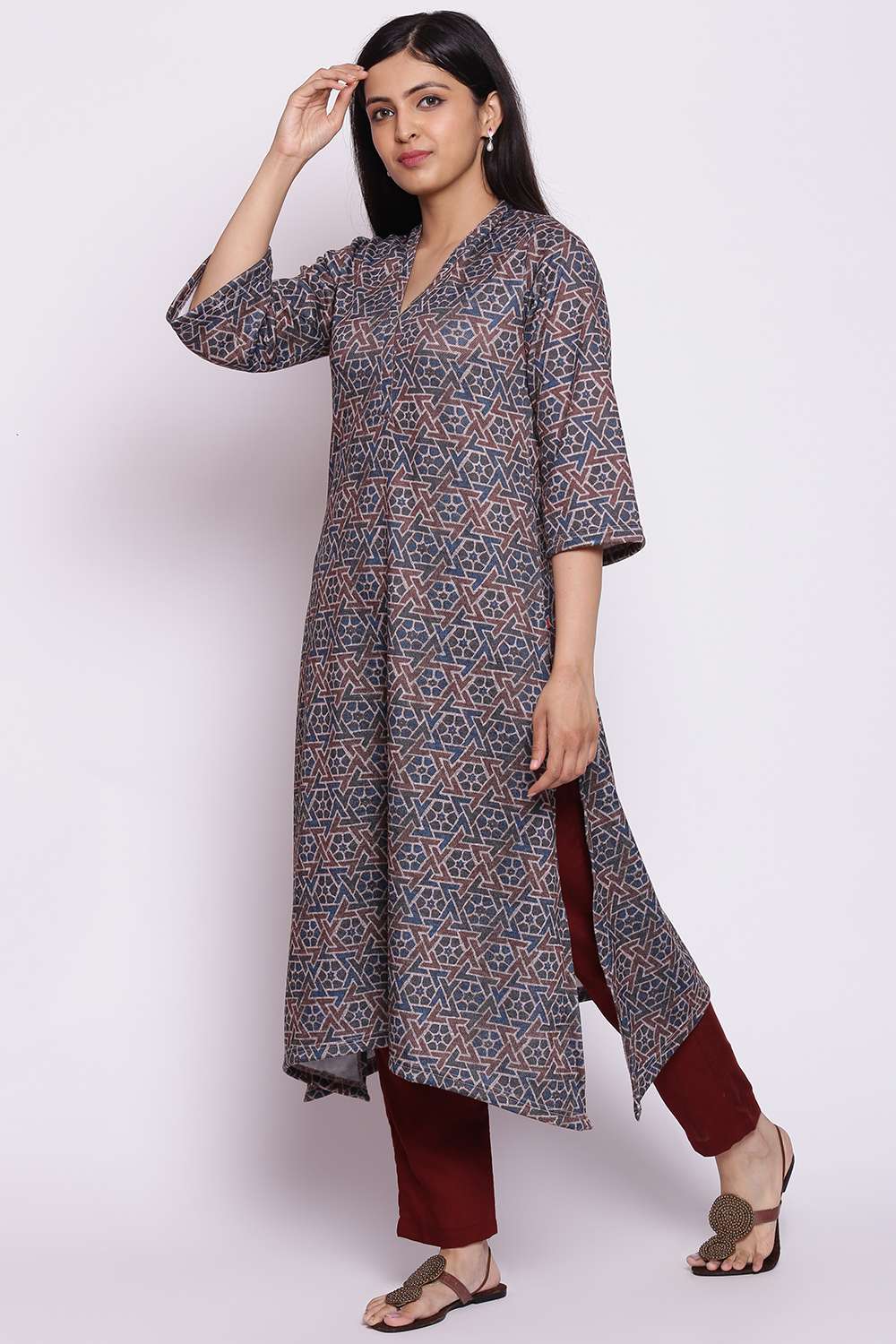 Maroon Woolen Printed Kurta image number 3