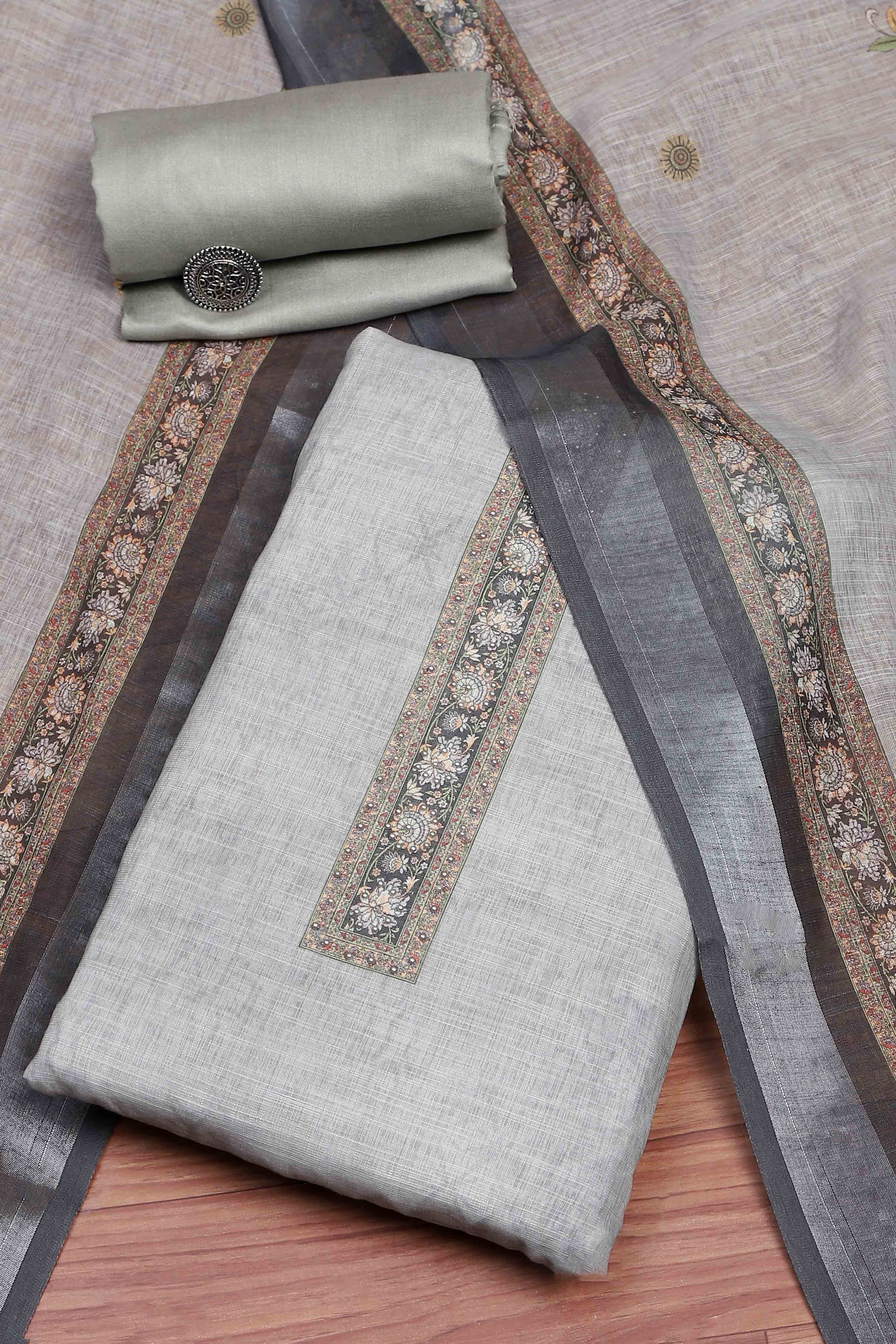 Peach Chanderi  Neck Patti Unstitched Suit Set image number 0