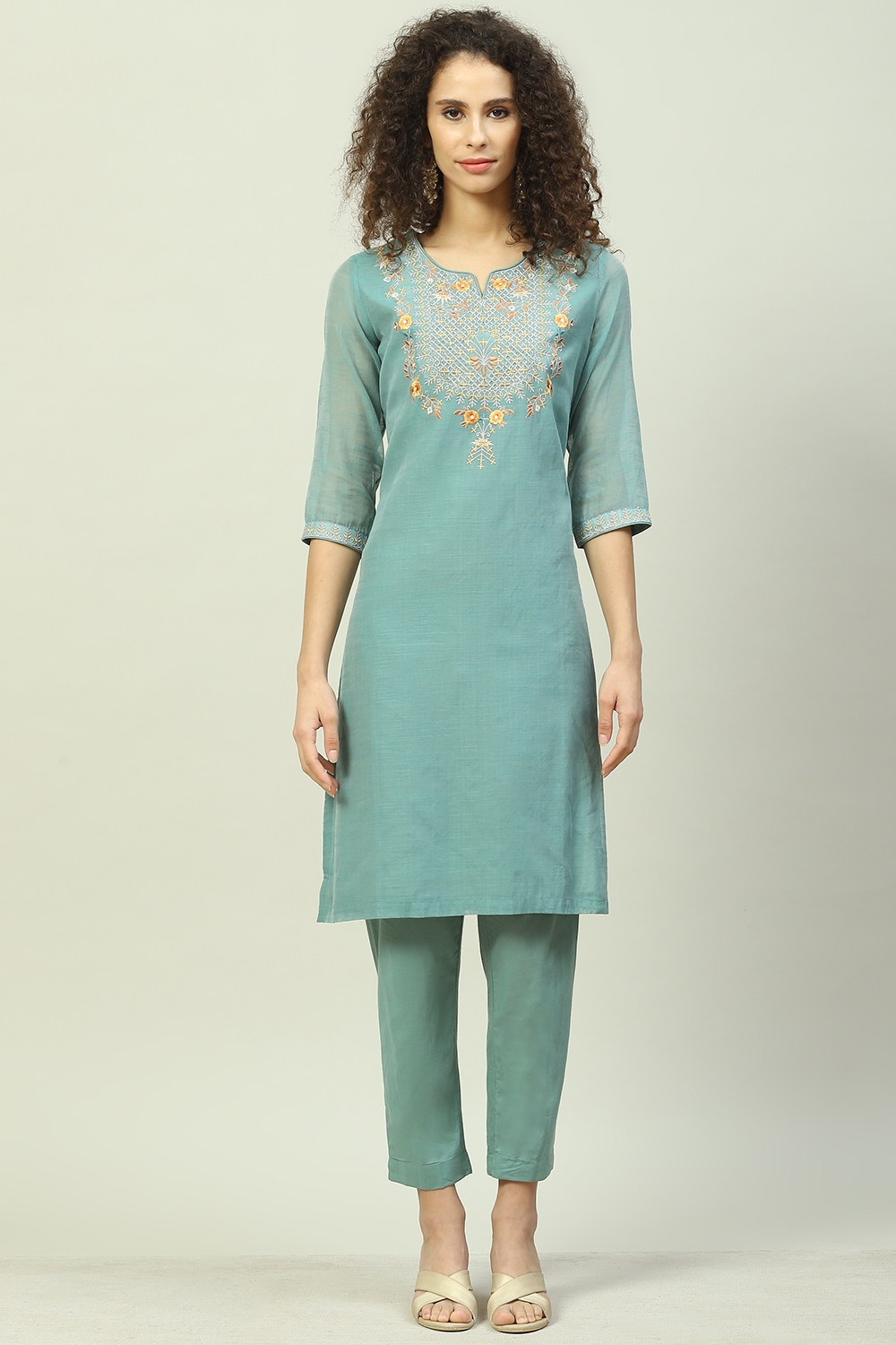 Sage Green Art Silk Straight Kurta Slim Pant Suit Set image number 7