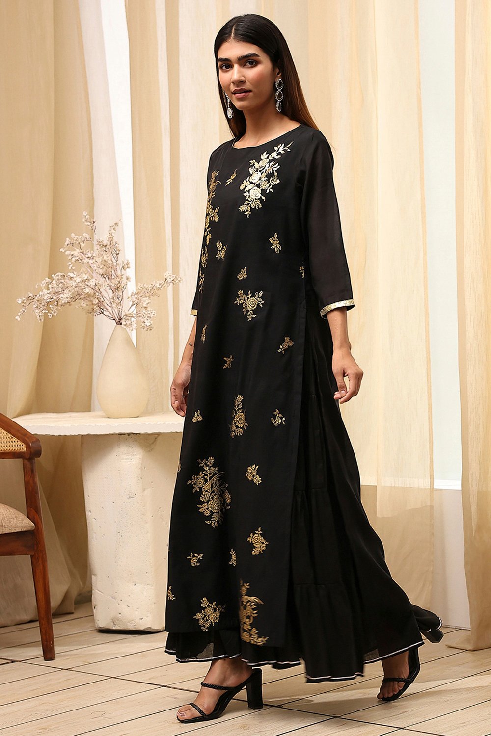 Black Poly Chanderi  Dress image number 3