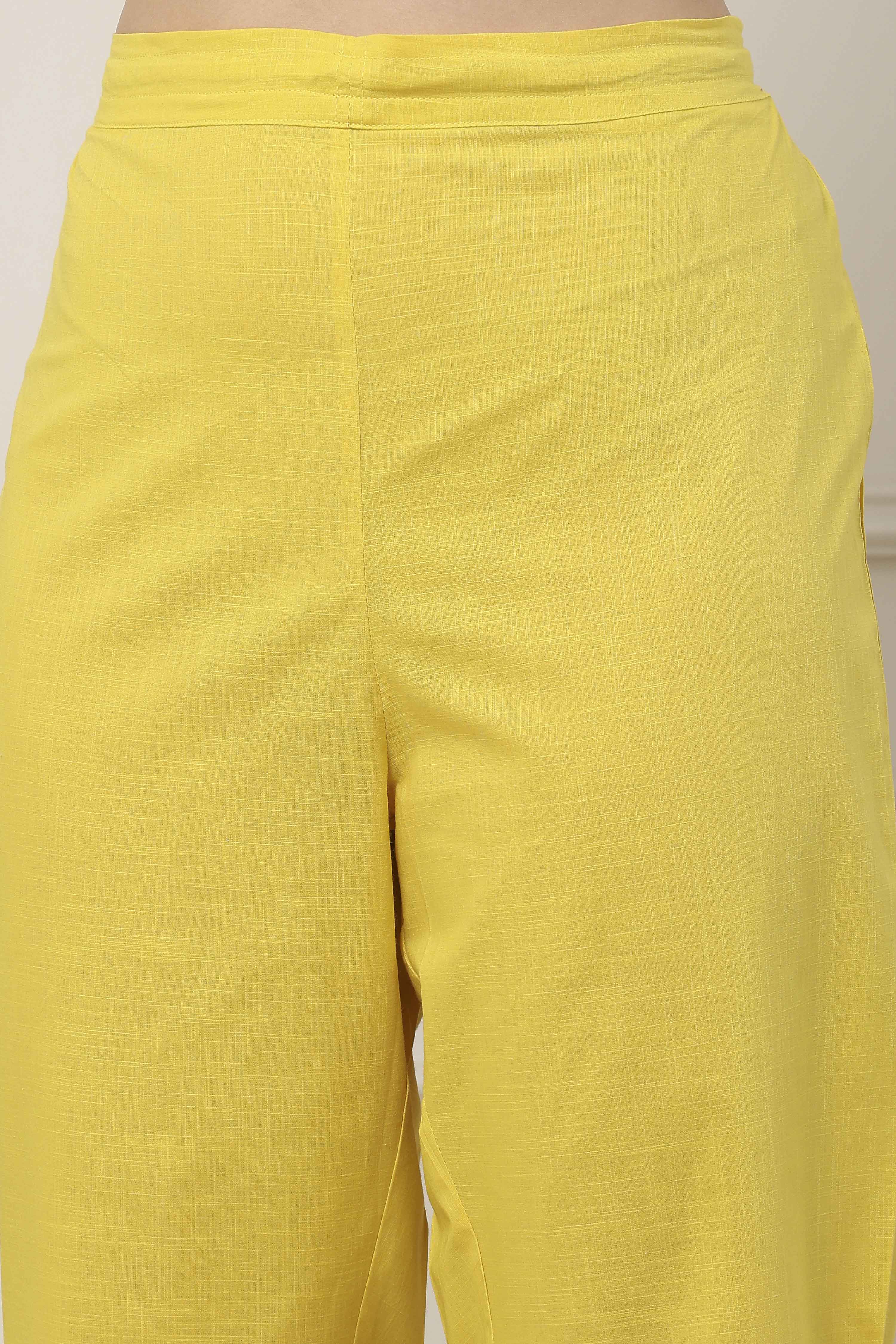 Yellow Cotton Floral Embroidered Straight Suit Set image number 2