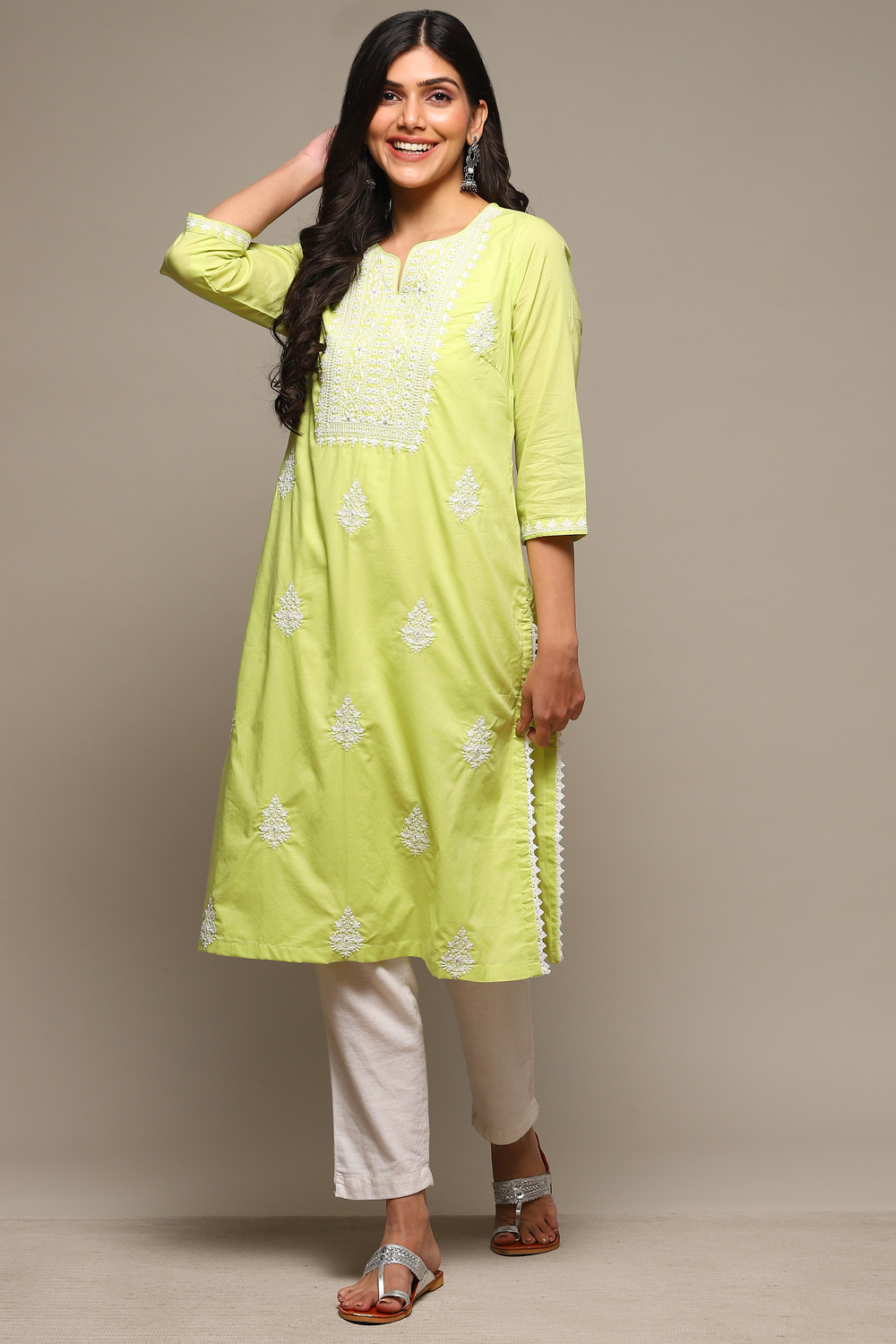 Yellow Cotton Straight Embroidered Kurta image number 0