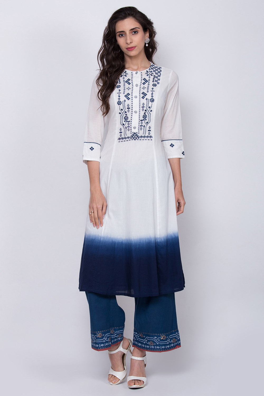 White And Indigo Cotton A-Line Kurta image number 0