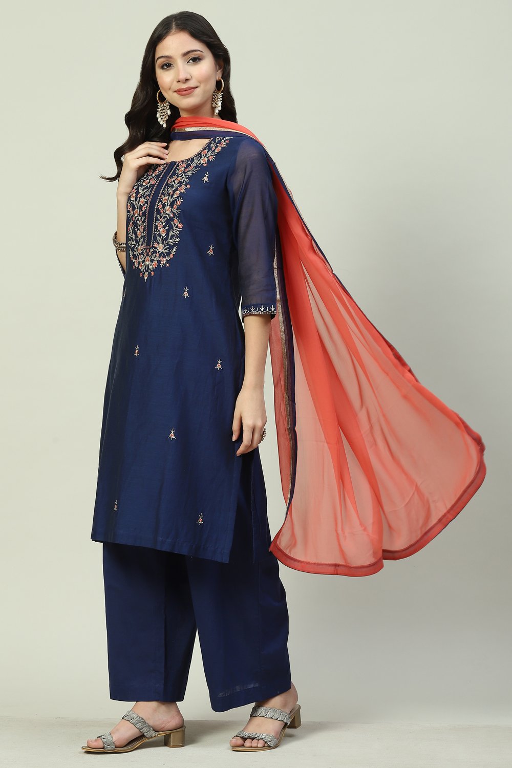 Navy Blue Art Silk Straight Kurta Palazzo Suit Set image number 0