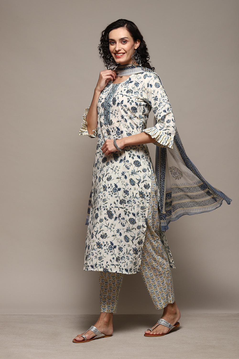 Blue Cotton Printed Unstitched Suit Set image number 6