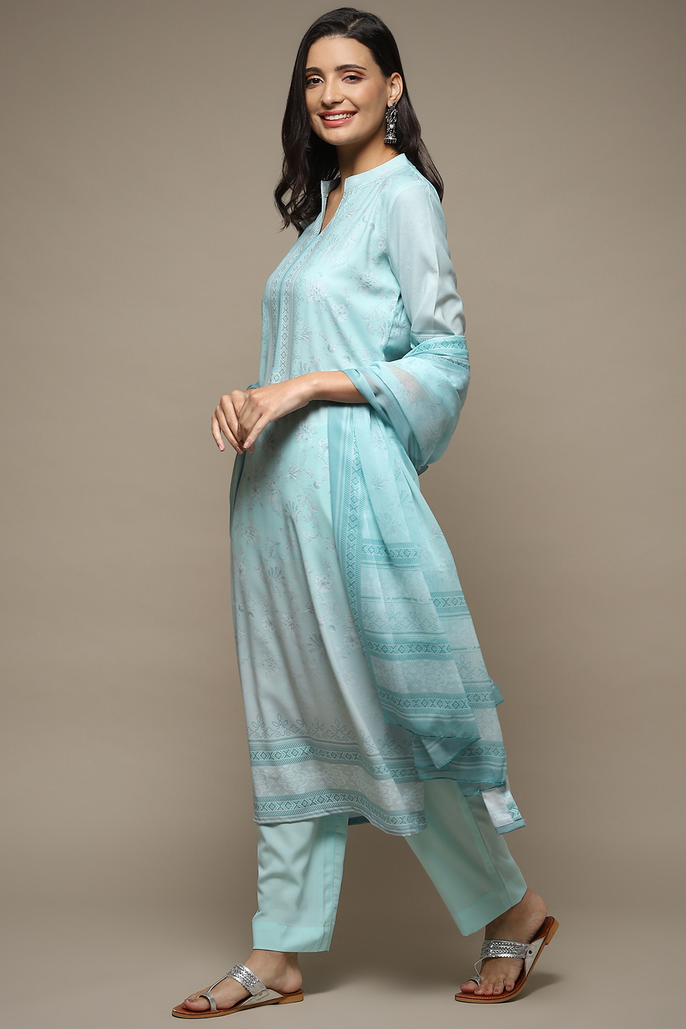 Light Blue Silk Blend Digital Print Unstitched Suit Set image number 5