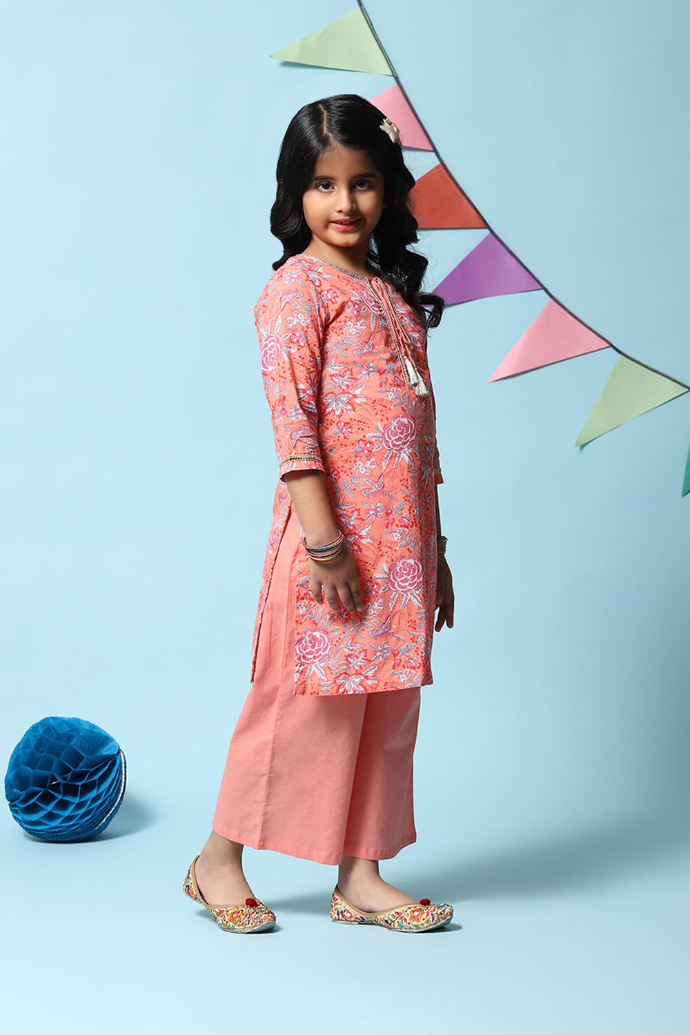 Peach Cotton Straight Printed Kurta image number 5