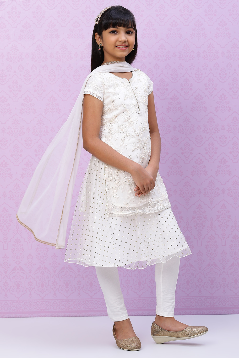 Ivory Nylon Girls Straight Kurta Churidar Suit Set image number 2