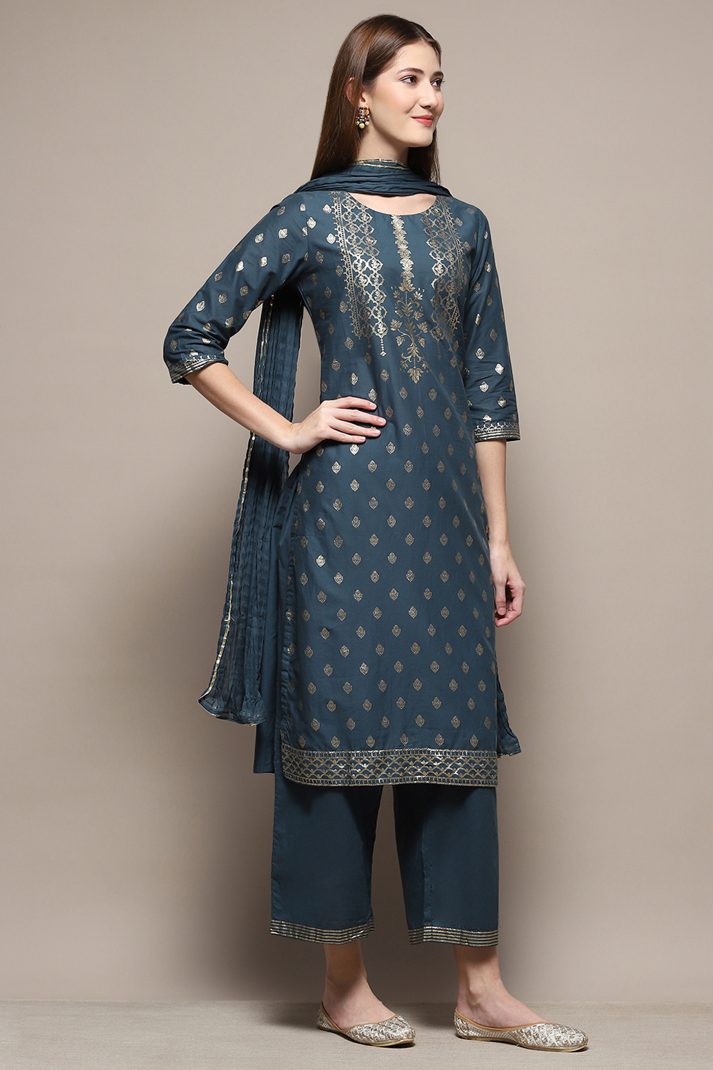 Blue Cotton Straight Kurta Palazzo Suit Set image number 6