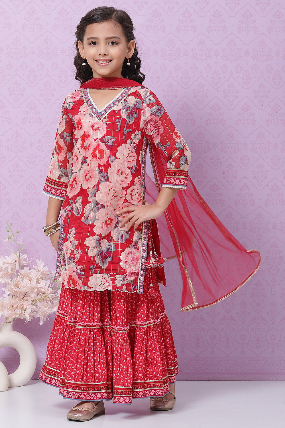 Berry Red Art Silk Straight Kurta Sharara Suit Set image number 0