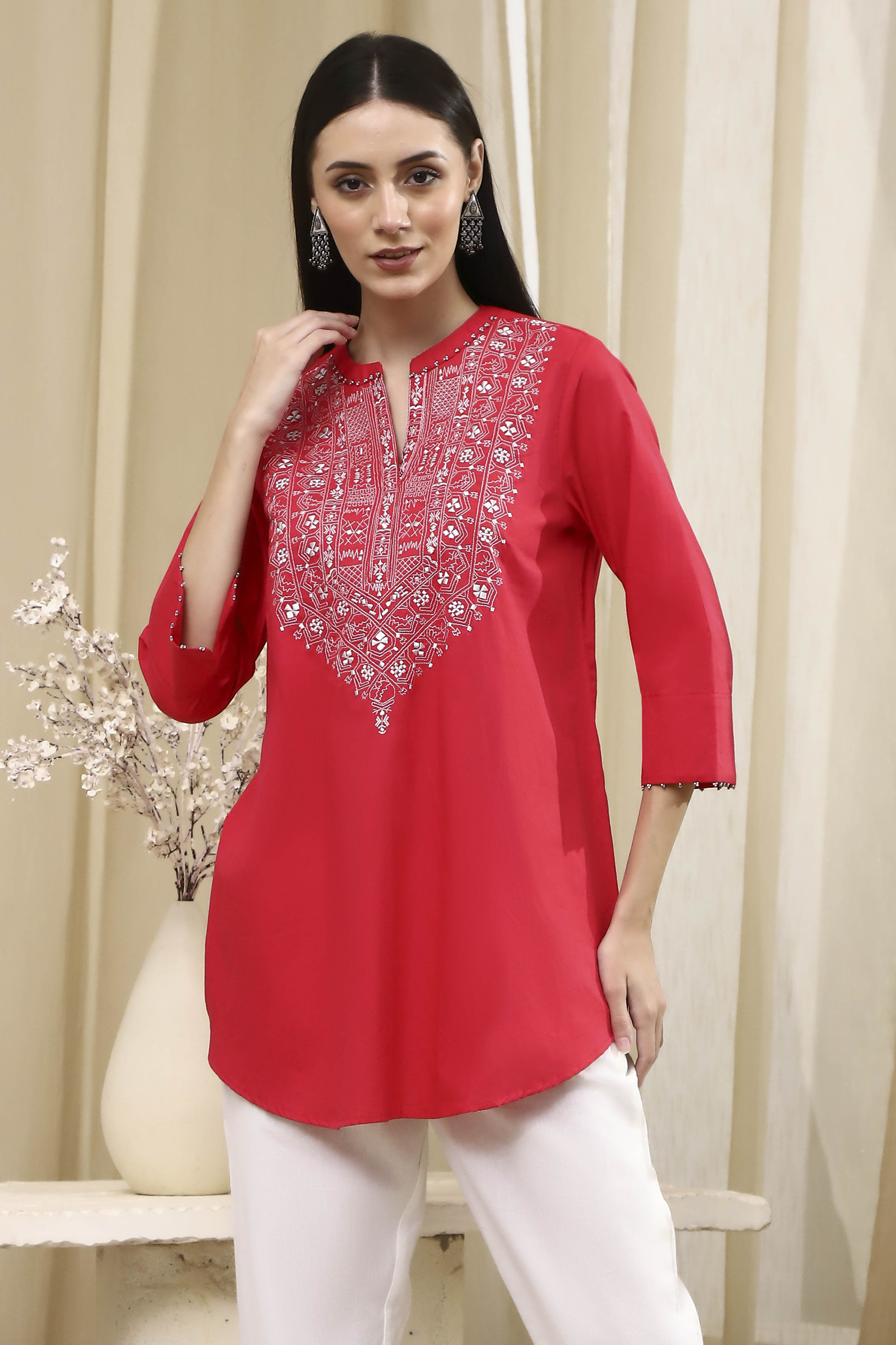 Raspberry Embroidered Straight Short Kurta image number 0