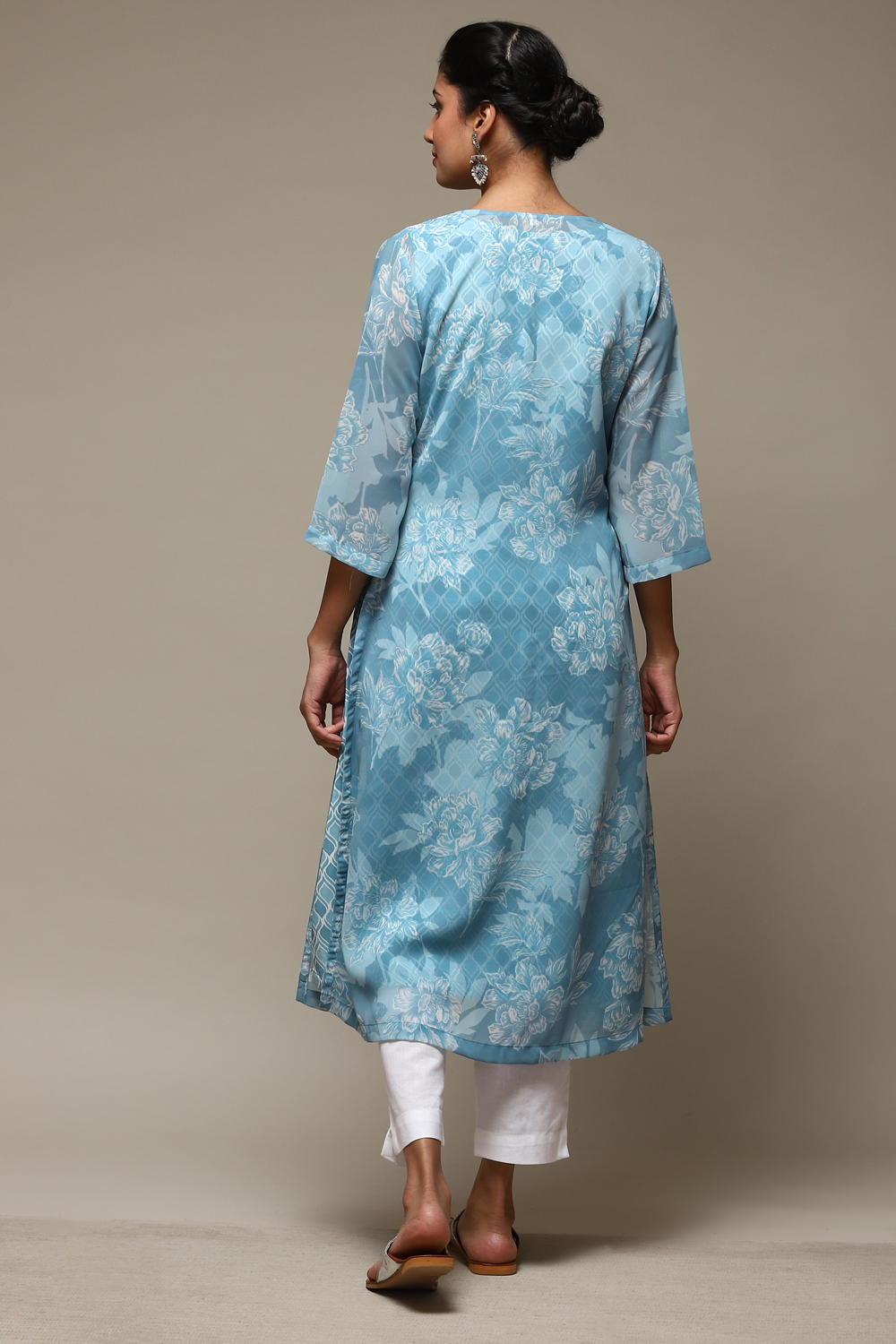 Teal LIVA Blend Straight Printed Kurta image number 4