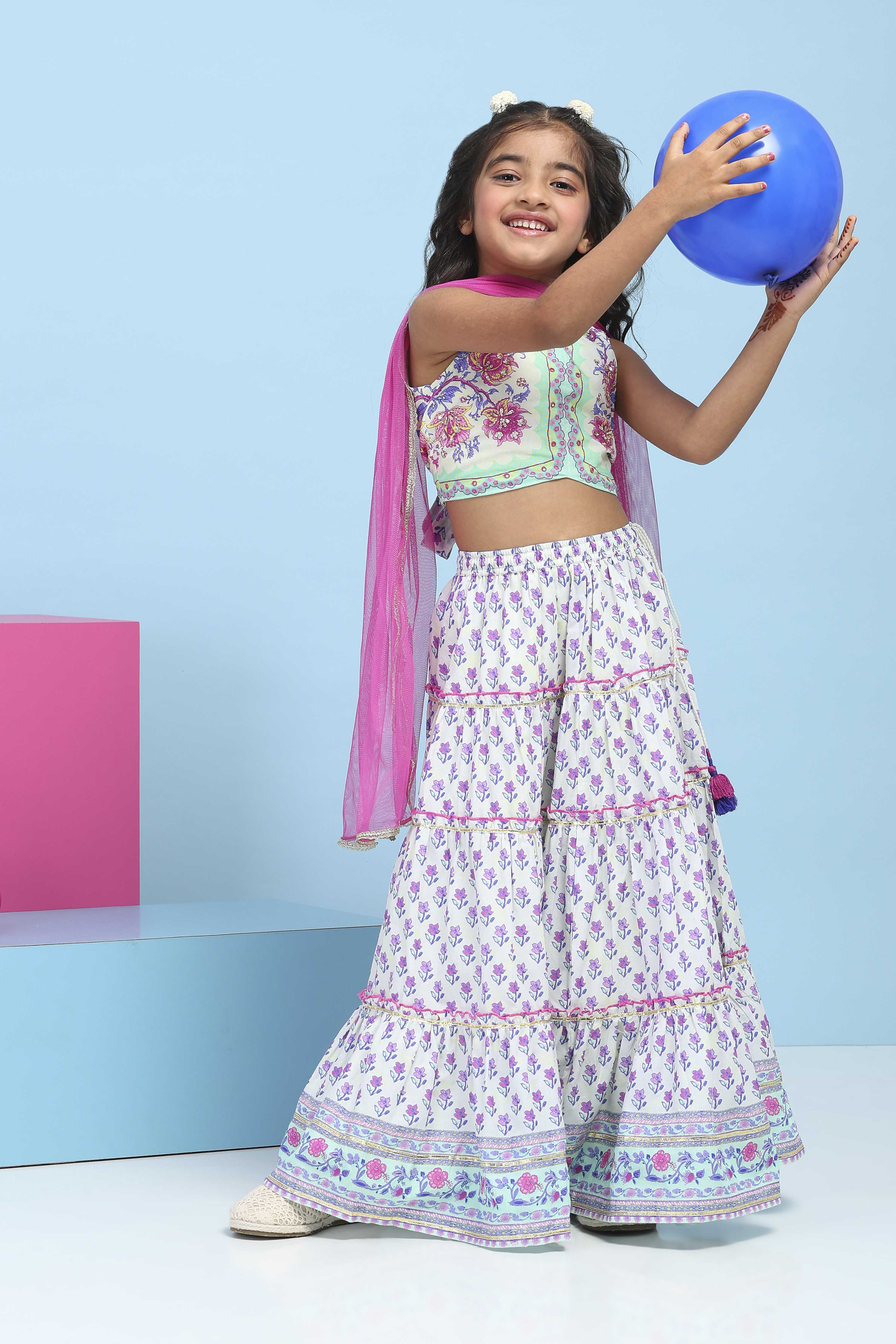 White Cotton Printed Regular Lehenga Set image number 6