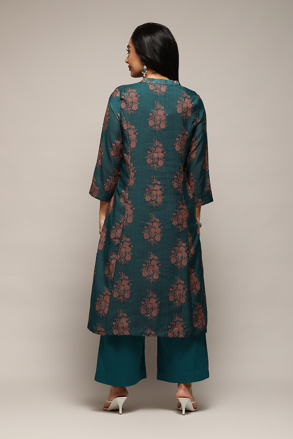 Pink Poly Chanderi A-Line Printed Kurta Palazzo Suit Set image number 4