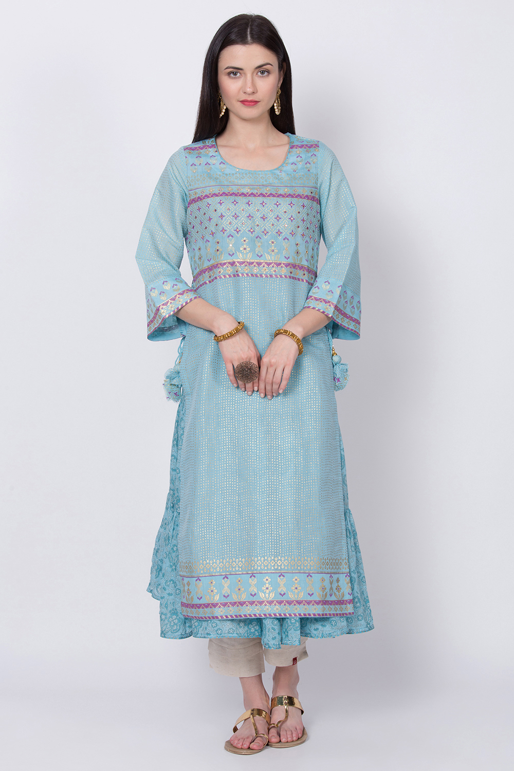 Blue Art Silk Flared Printed Kurta image number 0