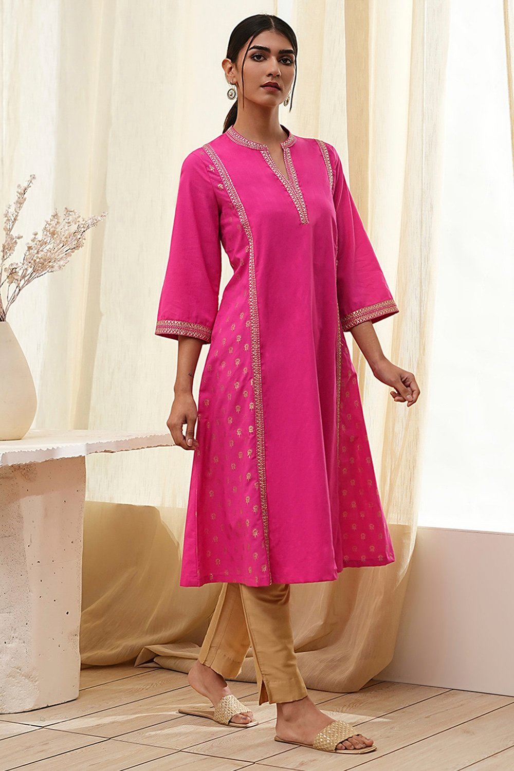 Fuchsia Cotton Printed A-Line Kurta image number 4