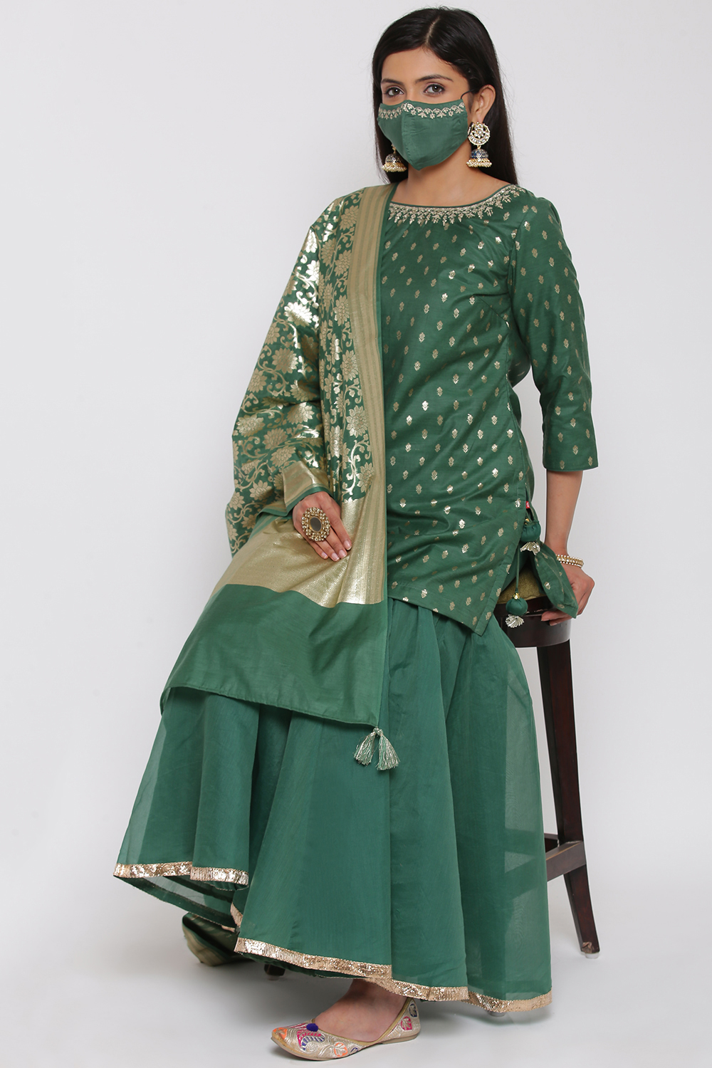 Green Poly Metallic Sharara Kurta Garara Suit Set image number 5