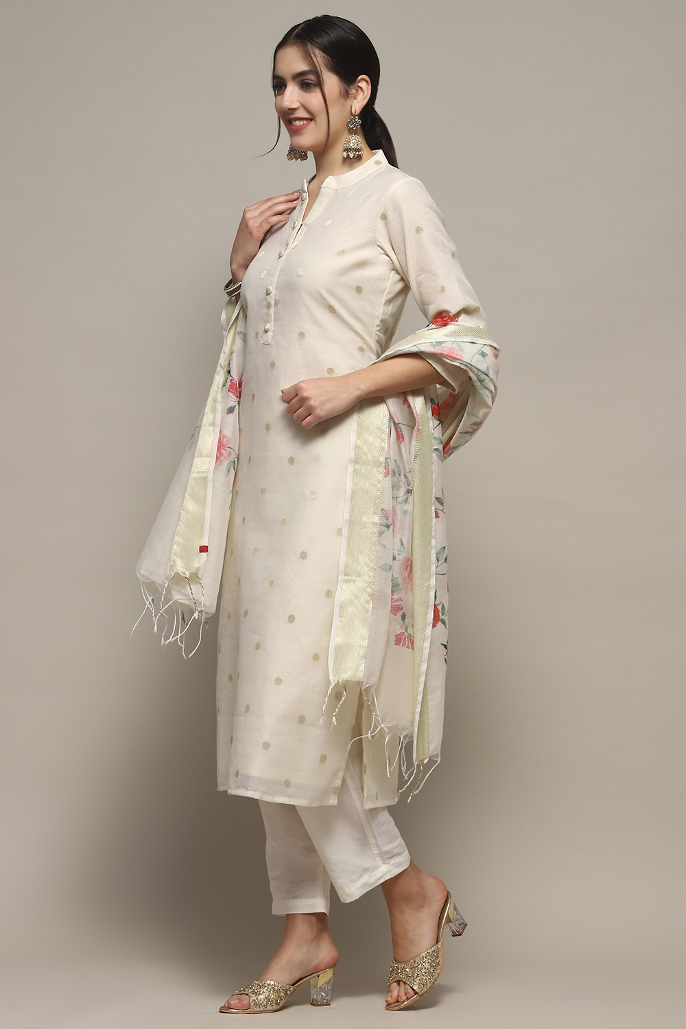 Off White Chanderi Unstitched Suit set image number 5