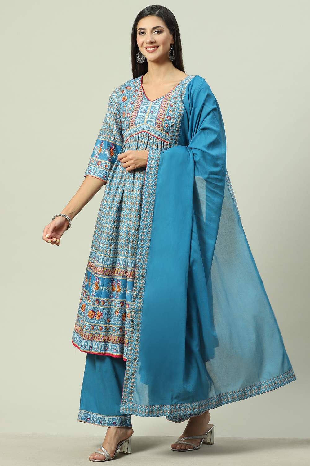 Turquoise Cotton Flared Kurta Palazzo Suit Set image number 5