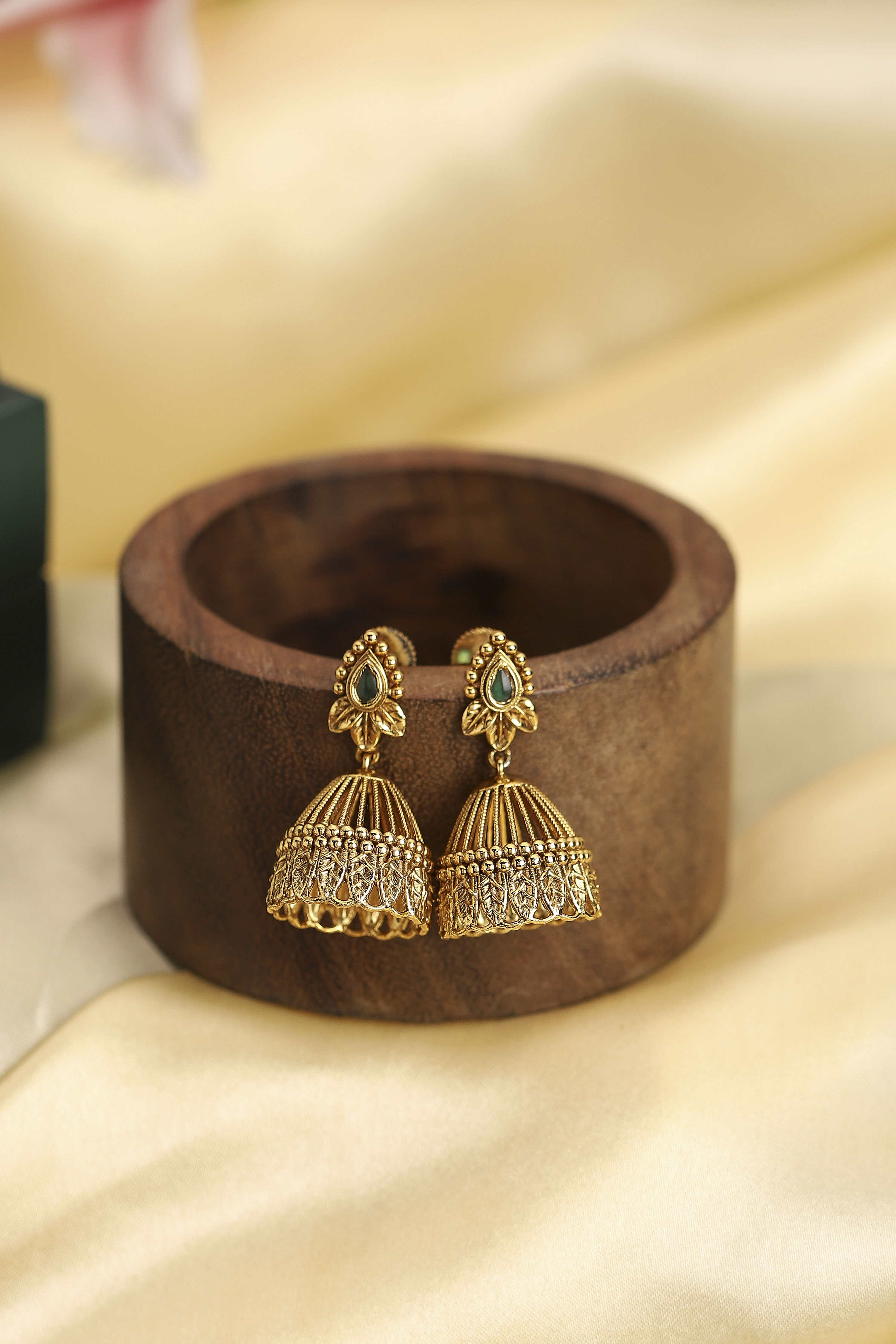 Green Gold Plated Studded Jhumkas image number 0