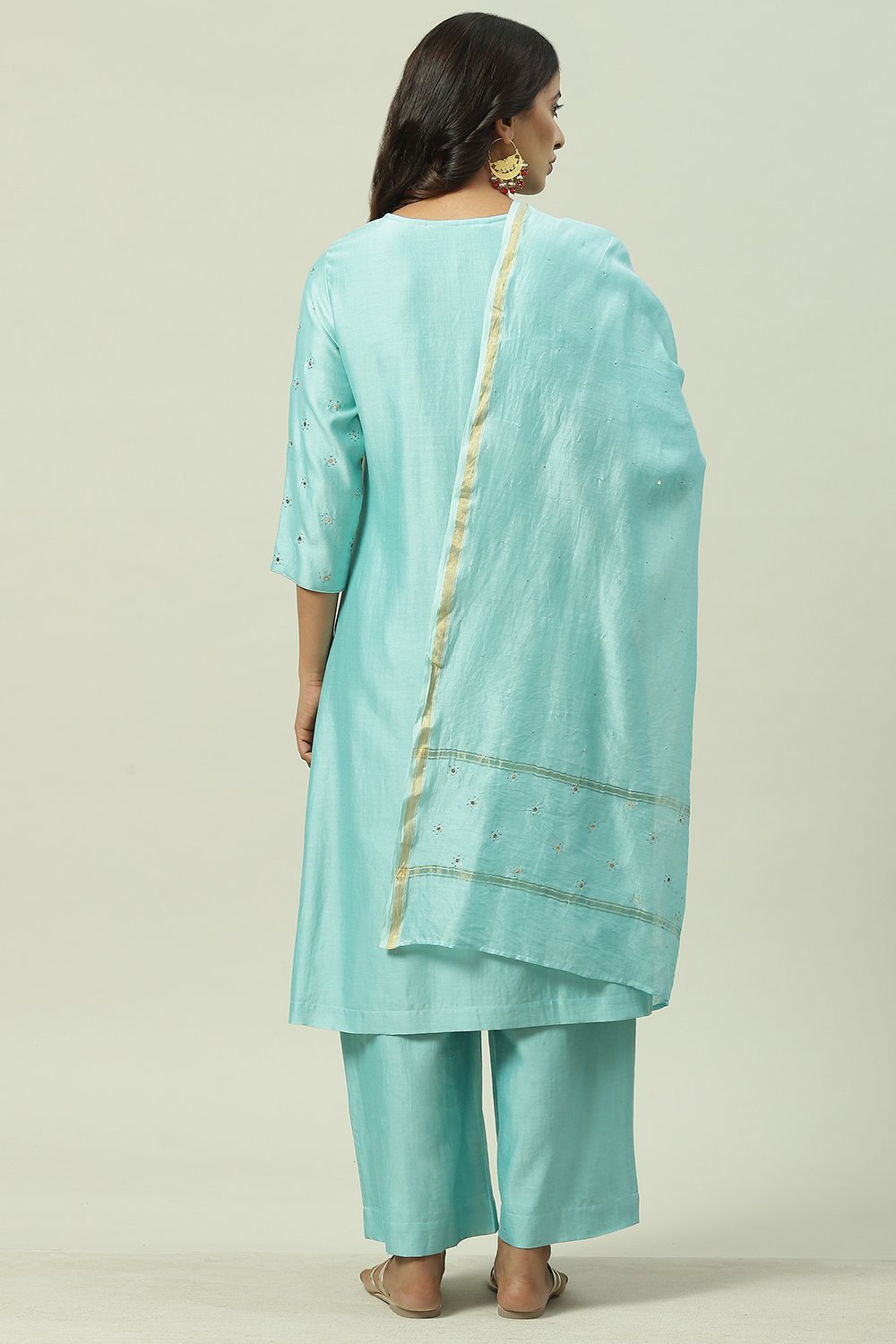 Off White Cotton Silk Straight Kurta Palazzo Suit Set image number 4