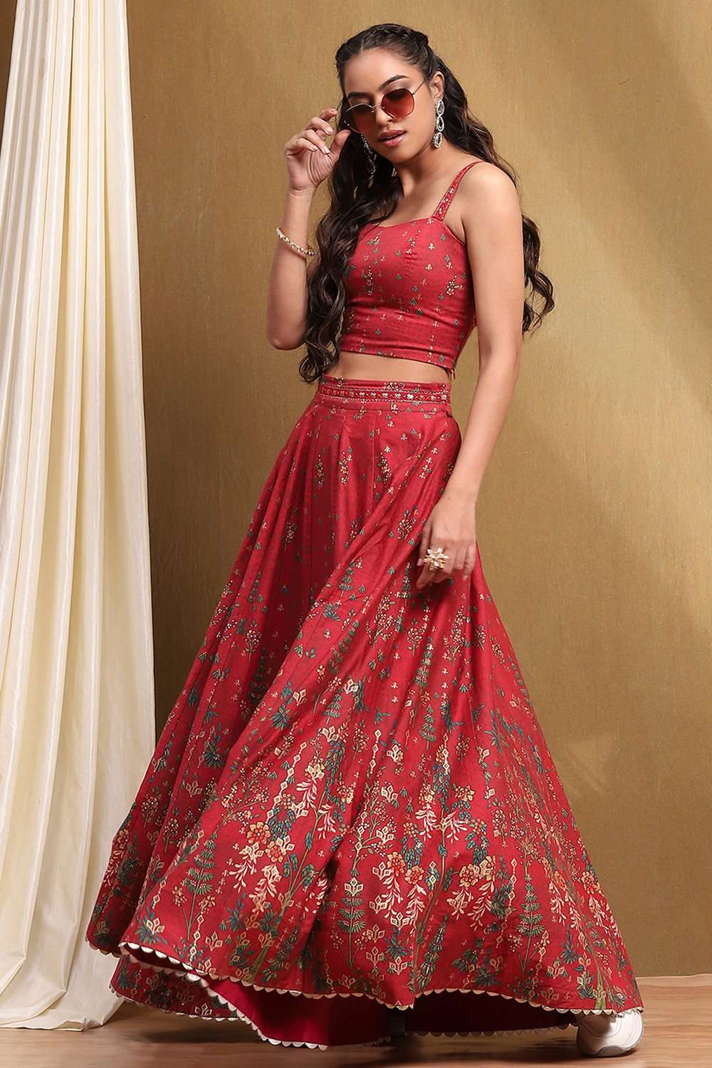 Red Satin Printed Lightweight Lehenga Set image number 6