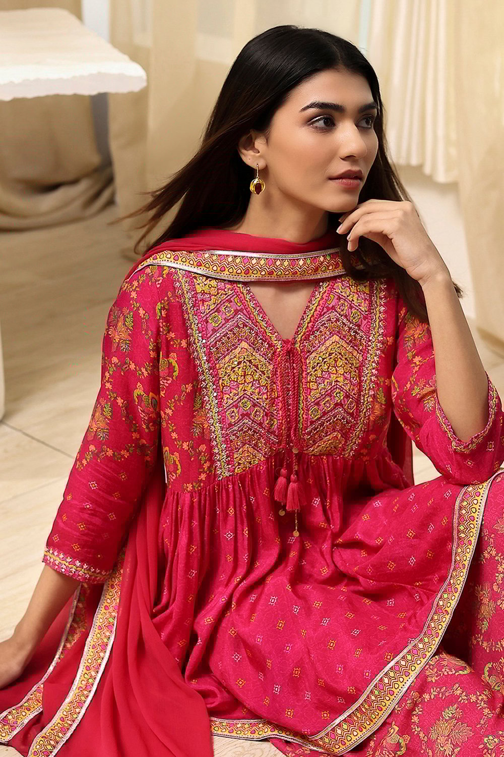 Fuchsia Viscose Floral Printed Peplum Suit Set image number 1