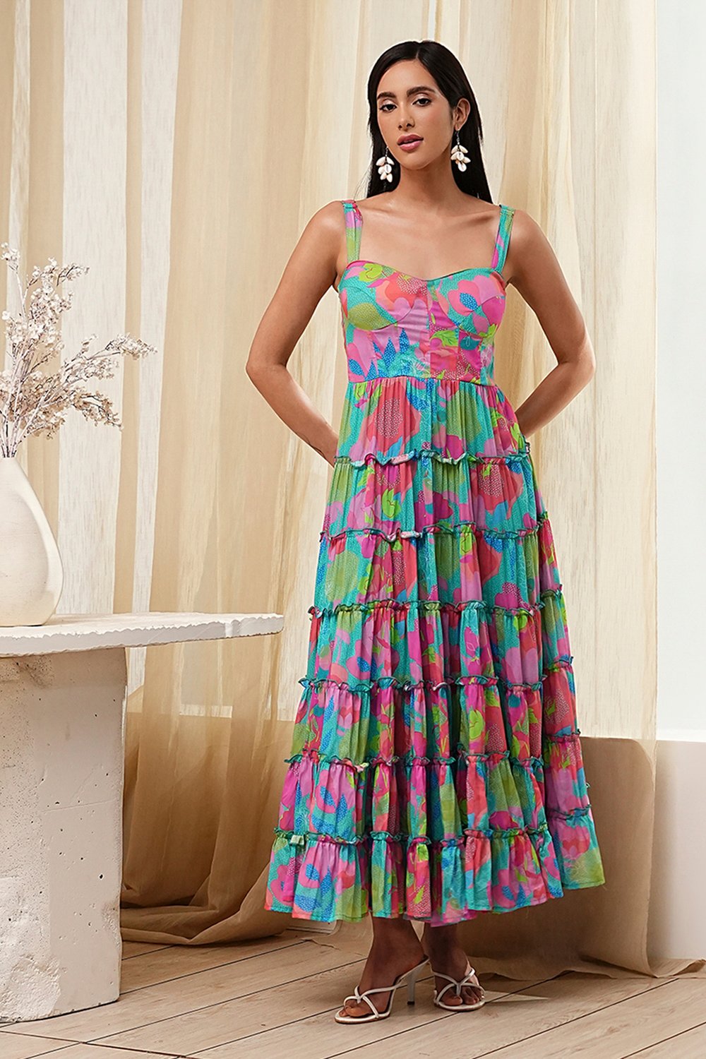 Turquoise Cotton Floral Printed Tiered Dress image number 6