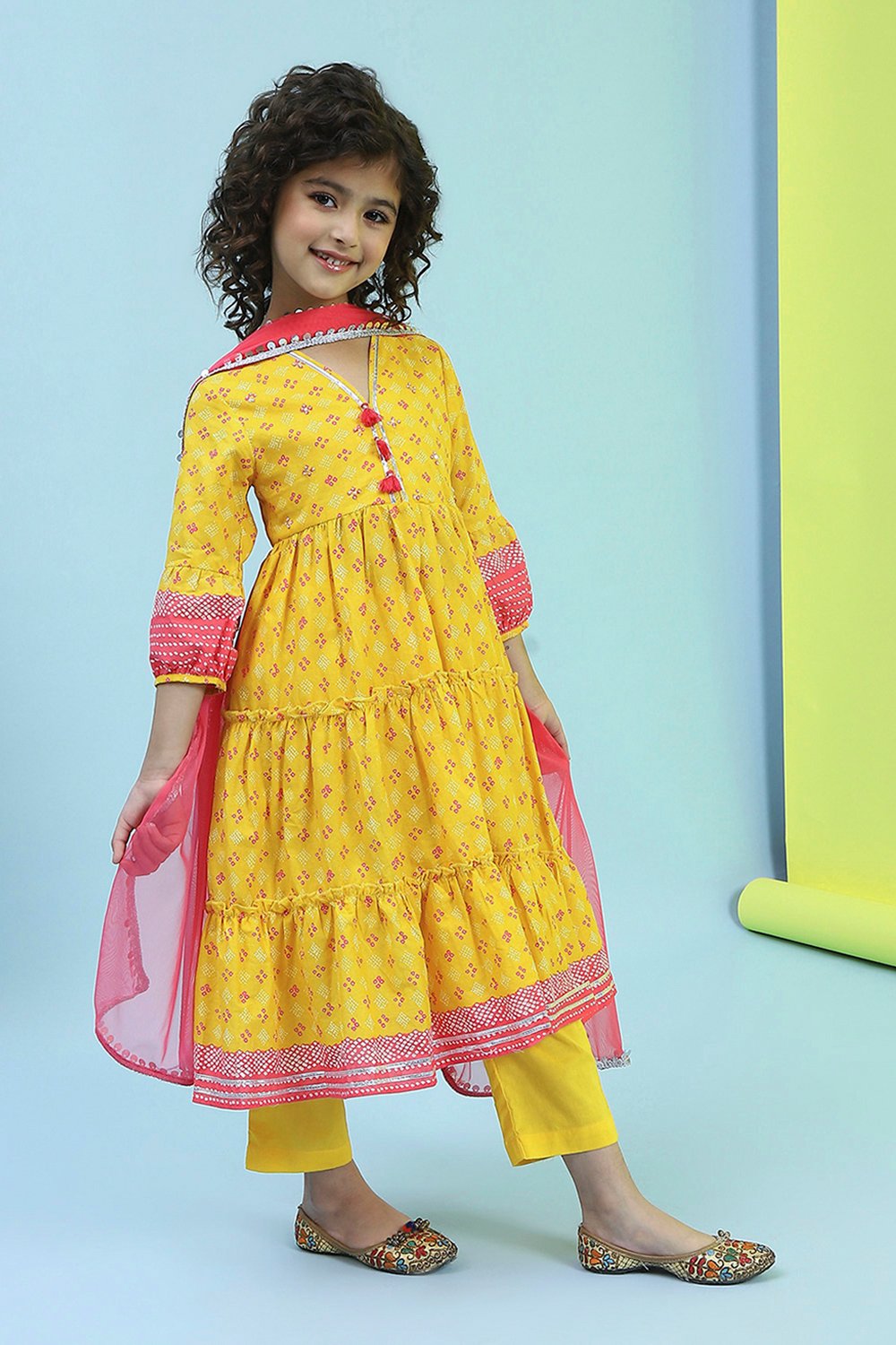 Yellow Cotton Printed Tiered Suit Set image number 5