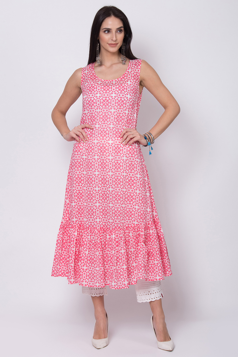 Pink Cotton Flared Printed Kurta image number 2