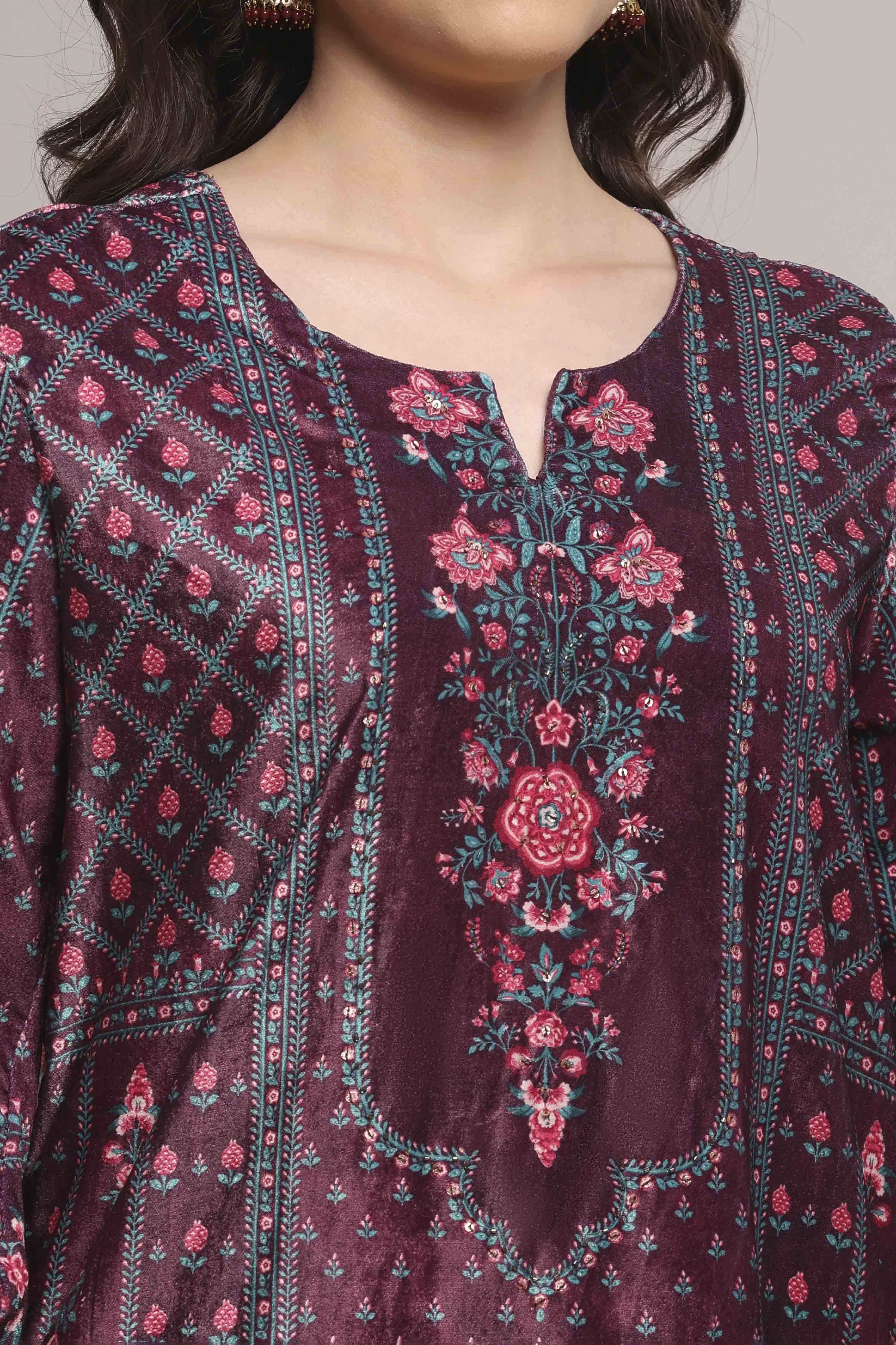 Plum Velvet Printed Straight Winter Suit Set image number 1