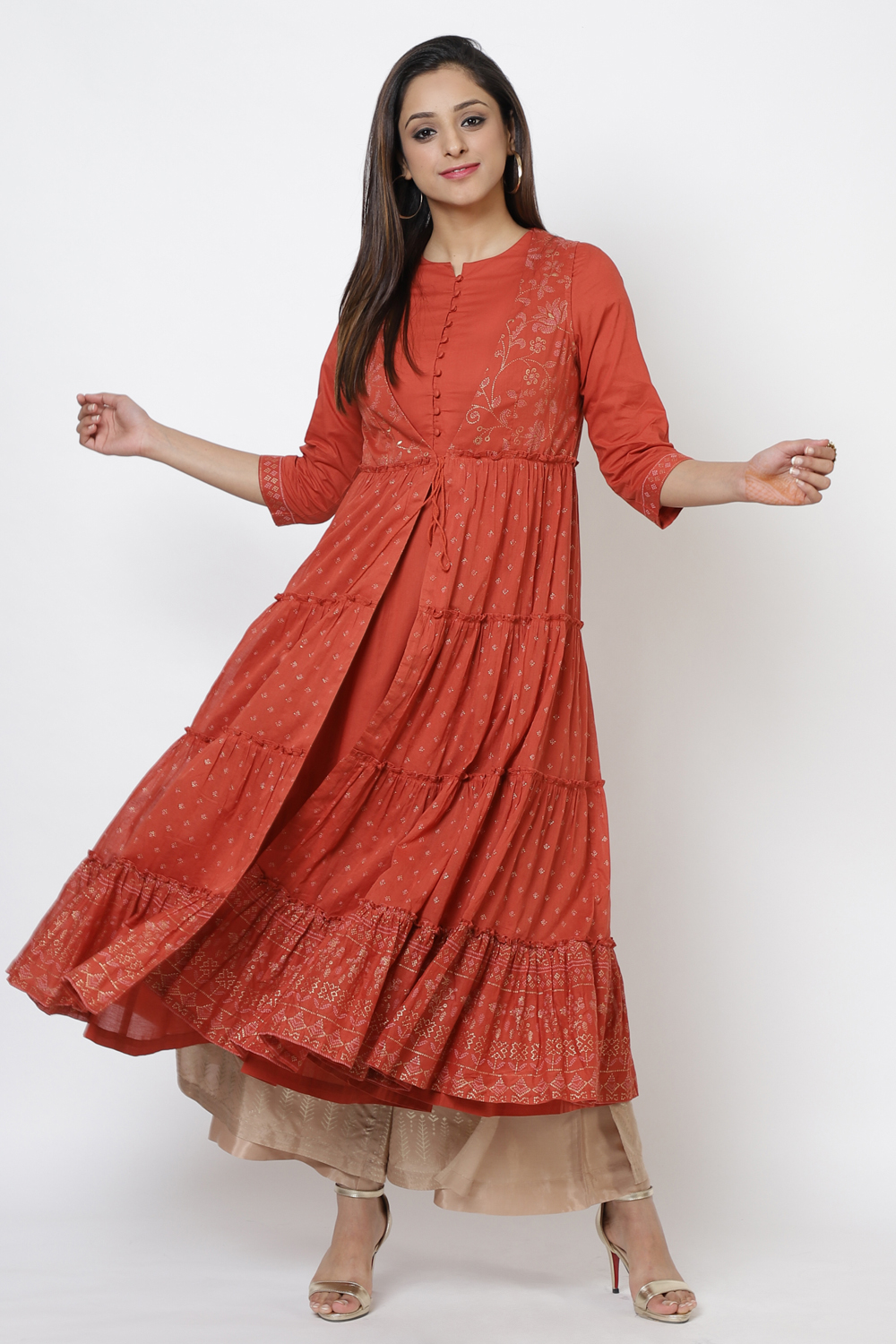 Rust Cotton Flared Printed Kurta image number 2