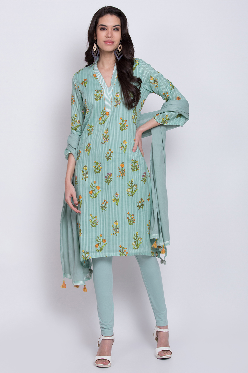 Turquoise Cotton A-Line Kurta Ankle Length Suit Set image number 0