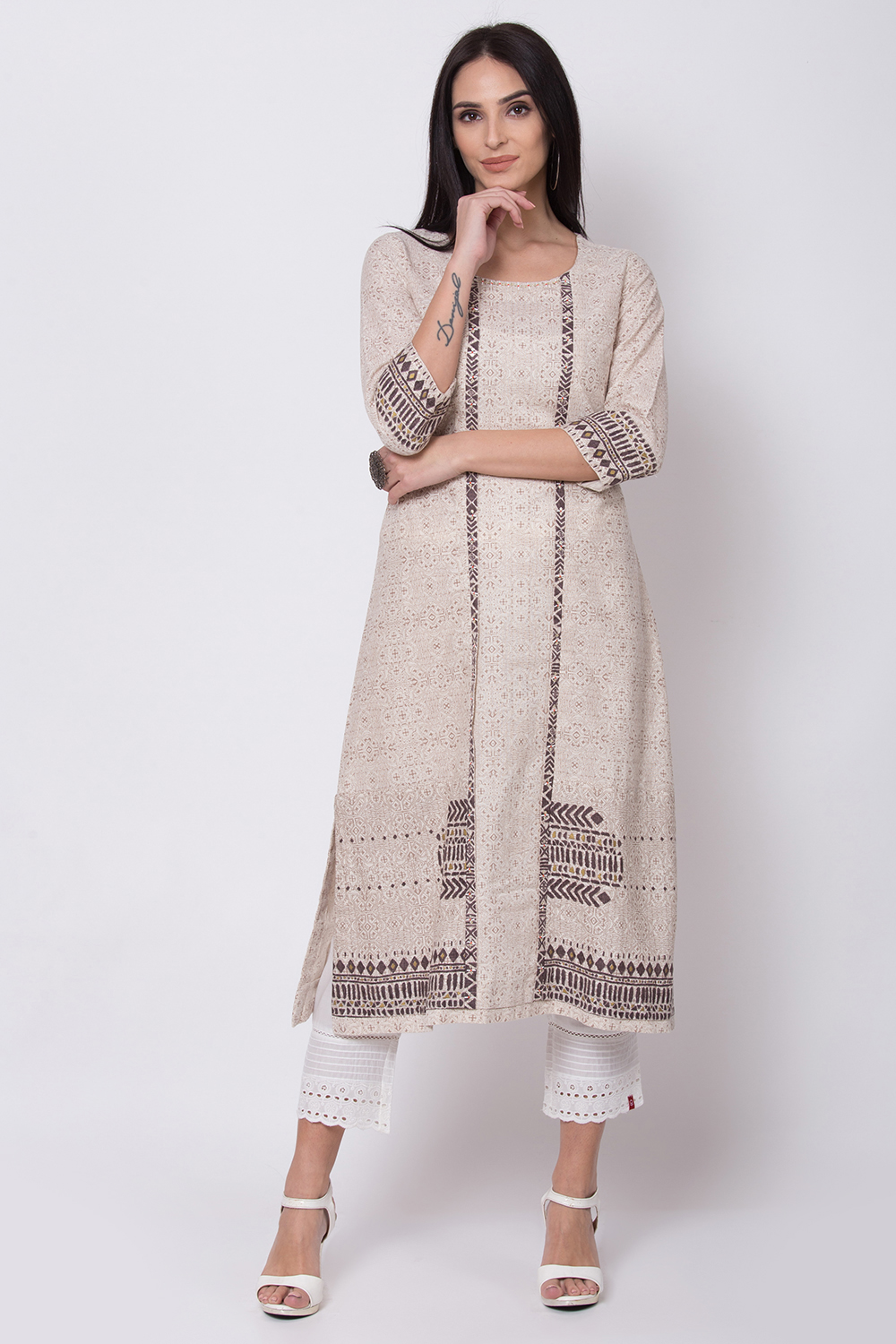 Sand Brown Cotton Flax A-Line Printed Kurta image number 0
