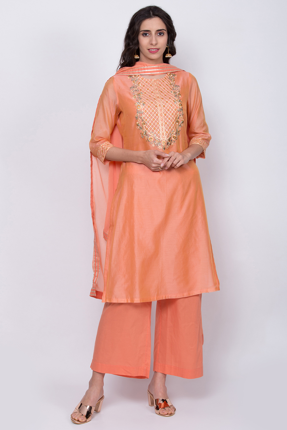 Orange Poly Cotton Straight Kurta Palazzo Suit Set image number 0