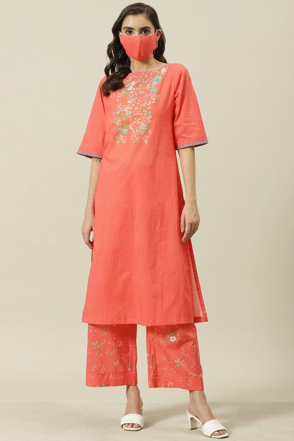 Mustard Printed Cotton Straight Kurta Palazzo Suit Set image number 5