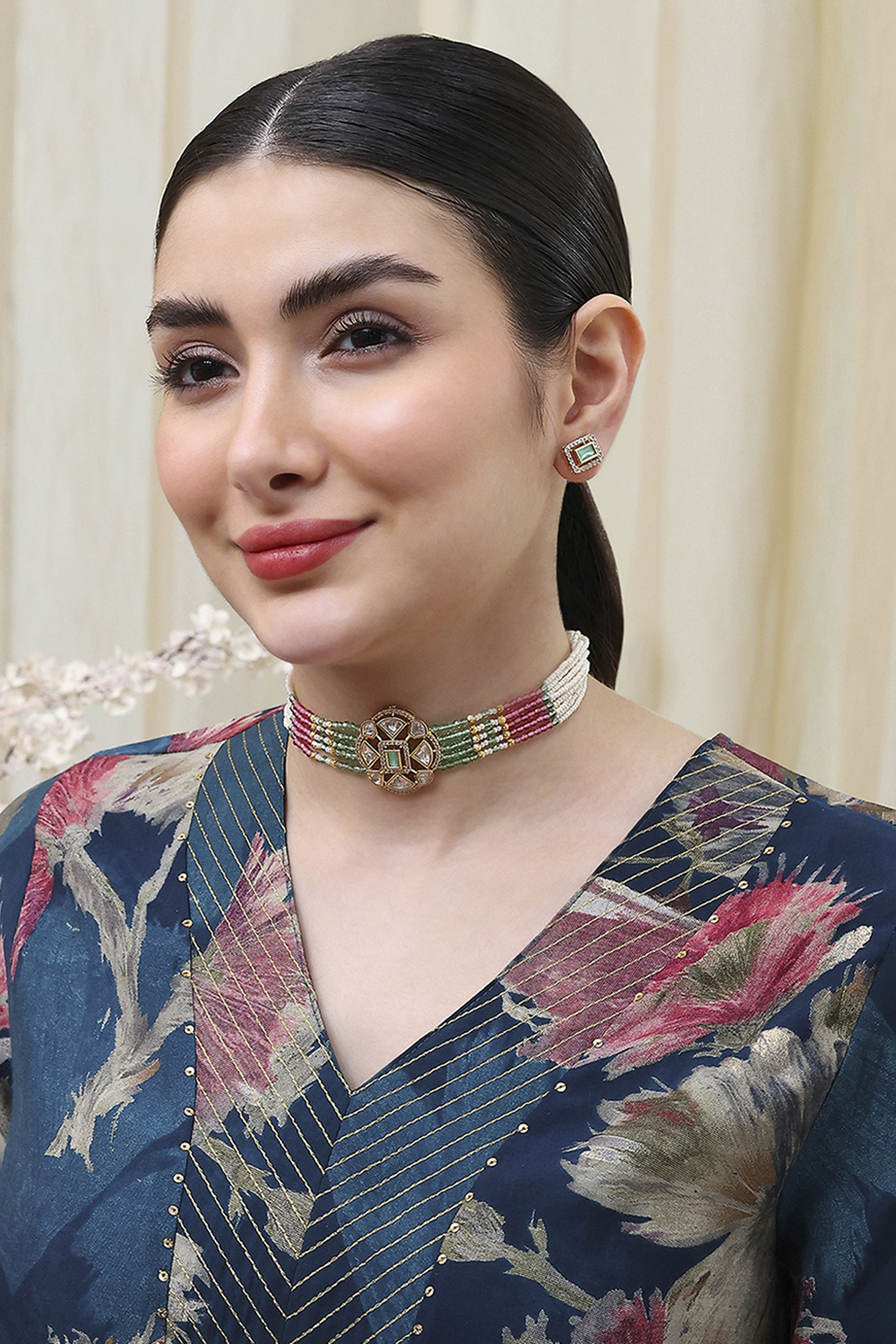 Mint Green Pink Brass Choker Set image number 3