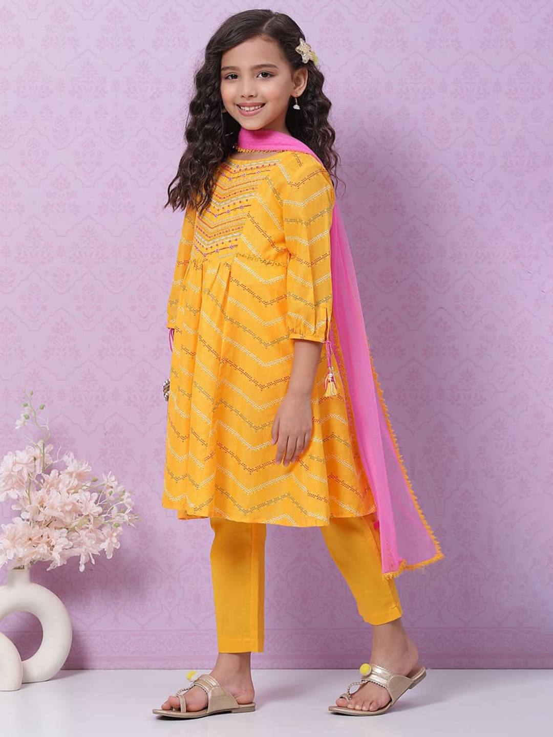 Yellow Cotton Anarkali Kurta Narrow Pants Suit Set image number 5