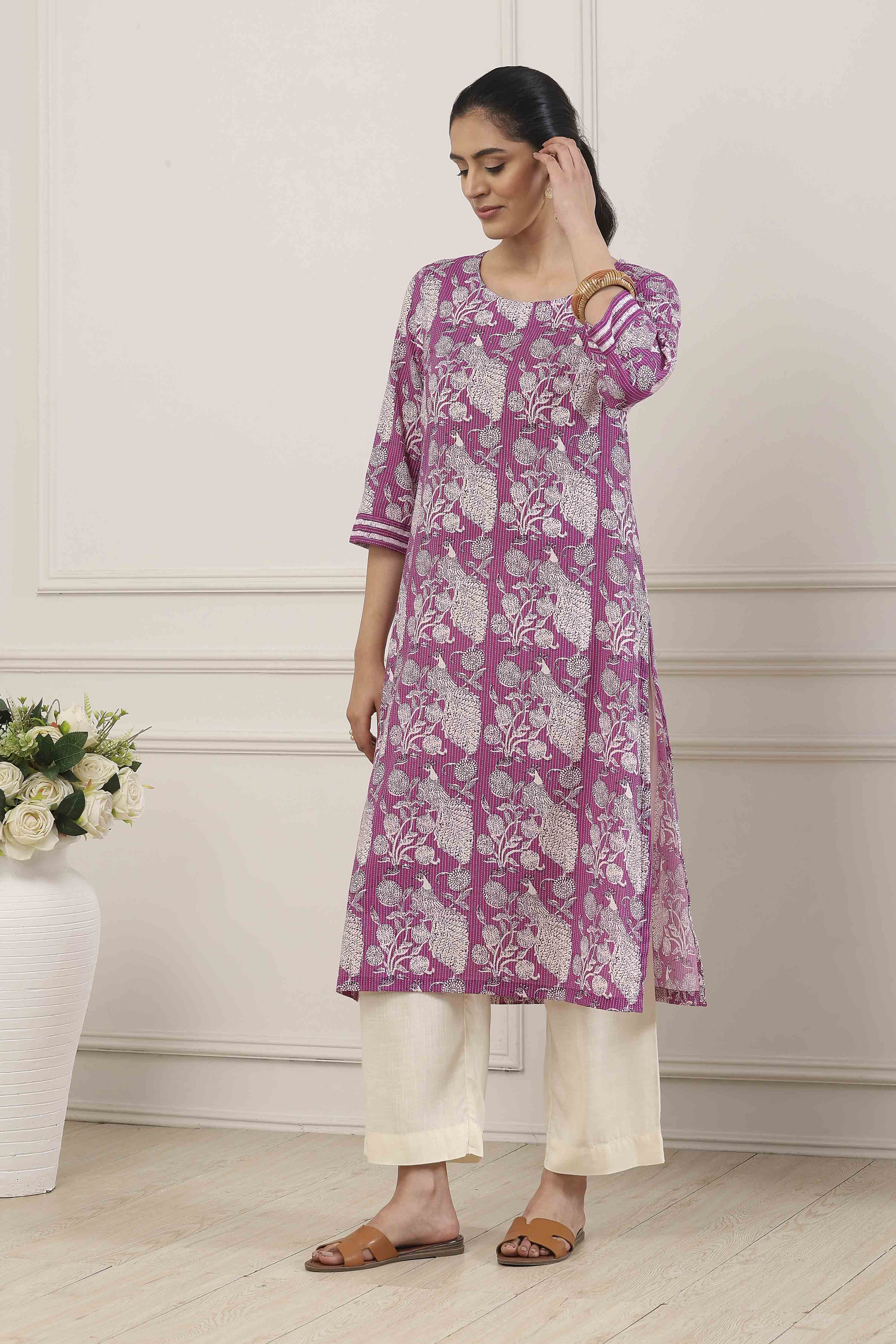 Purple Cotton Straight Kurta image number 2