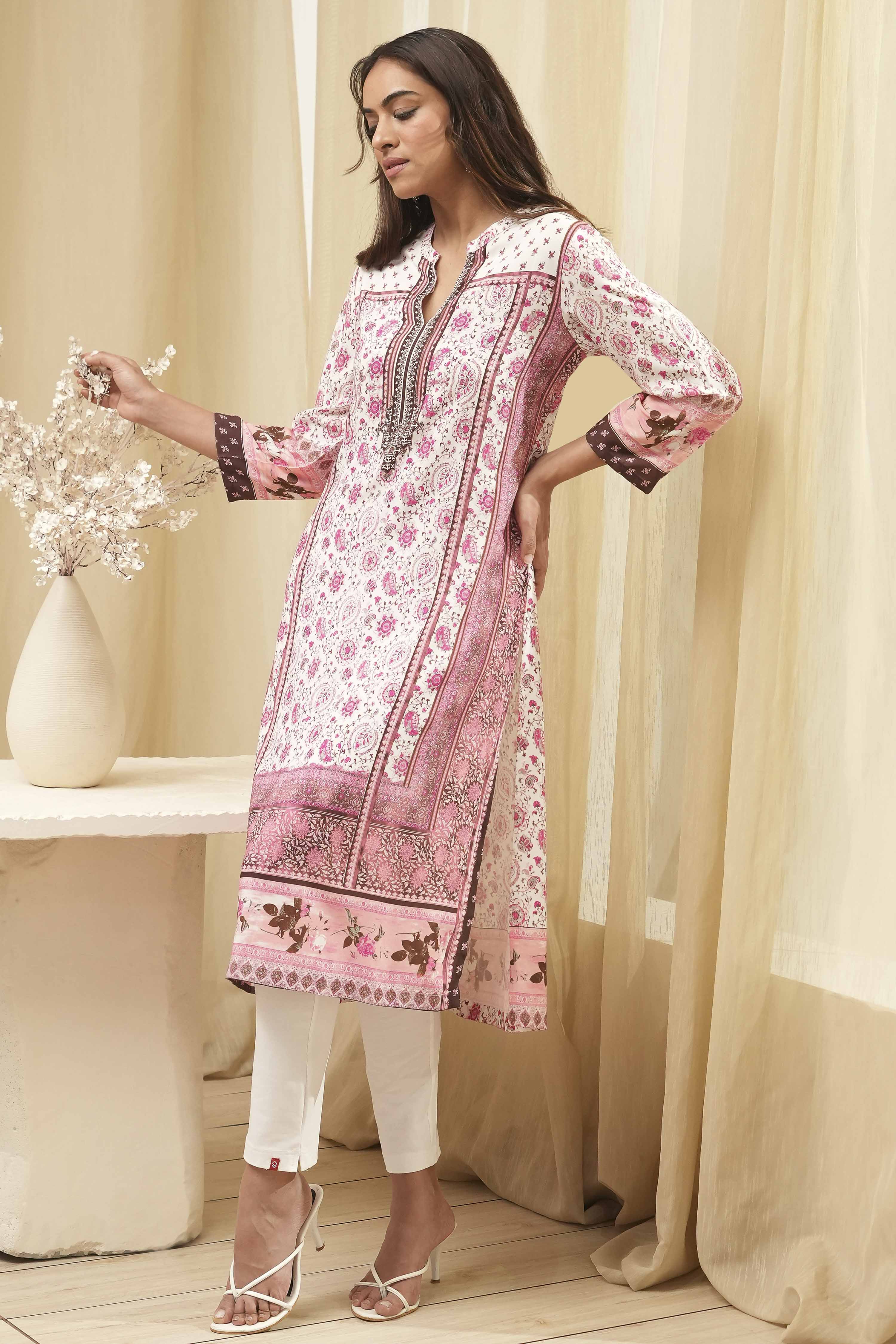 Peach Rayon A-Line Printed Kurta image number 0