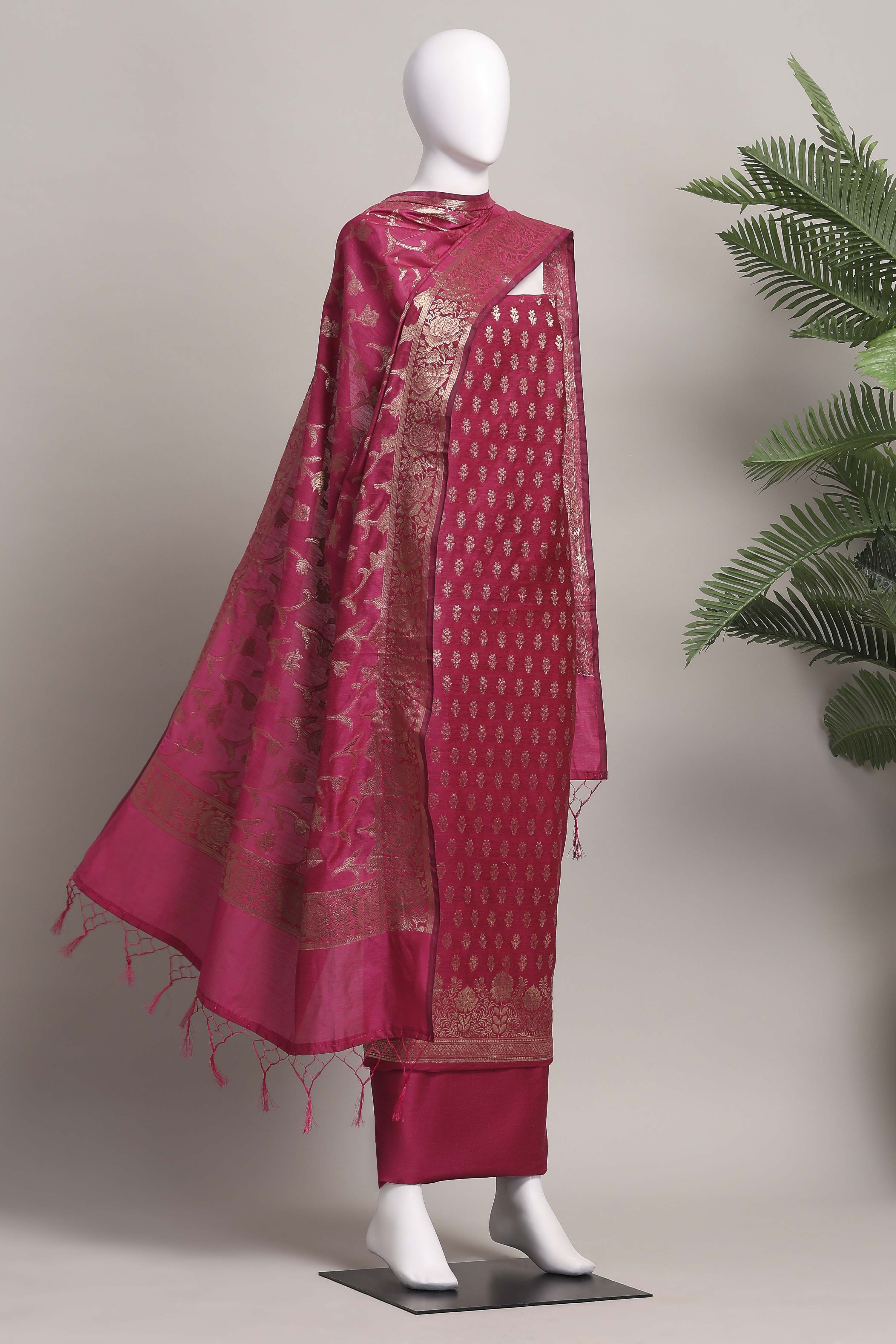 Yellow Banarasi Chanderi Banarasi Print Unstitched Suit Set image number 4