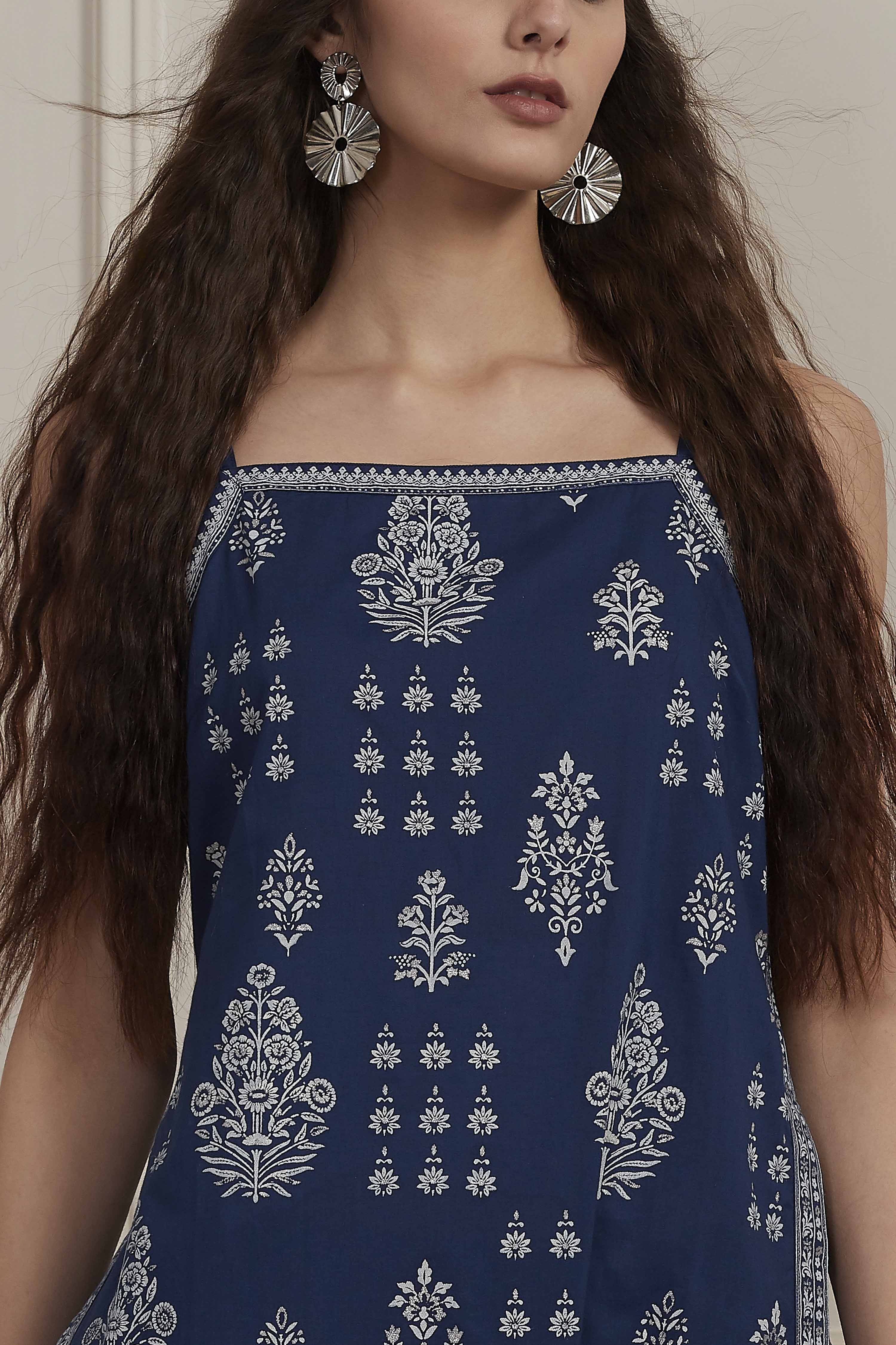 Indigo Cotton Printed Strappy Straight Kurta Set image number 1