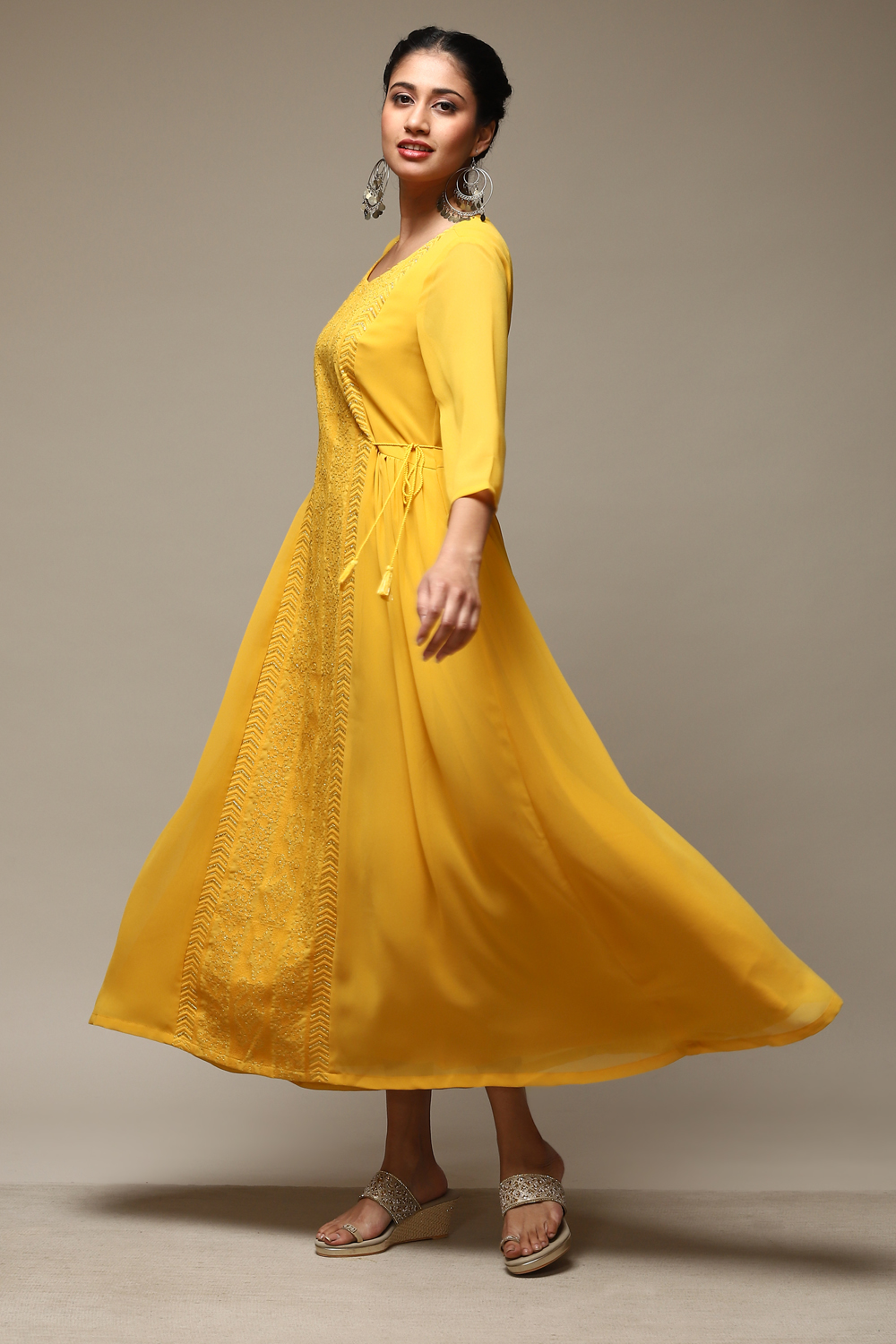 Yellow Cotton Blend Flared Dress image number 0