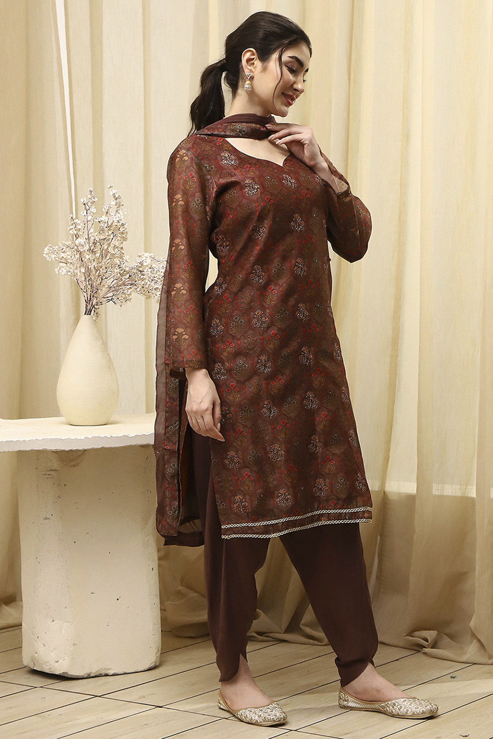 Brown Cotton Printed Embroidered Unstitched Suit Set image number 6