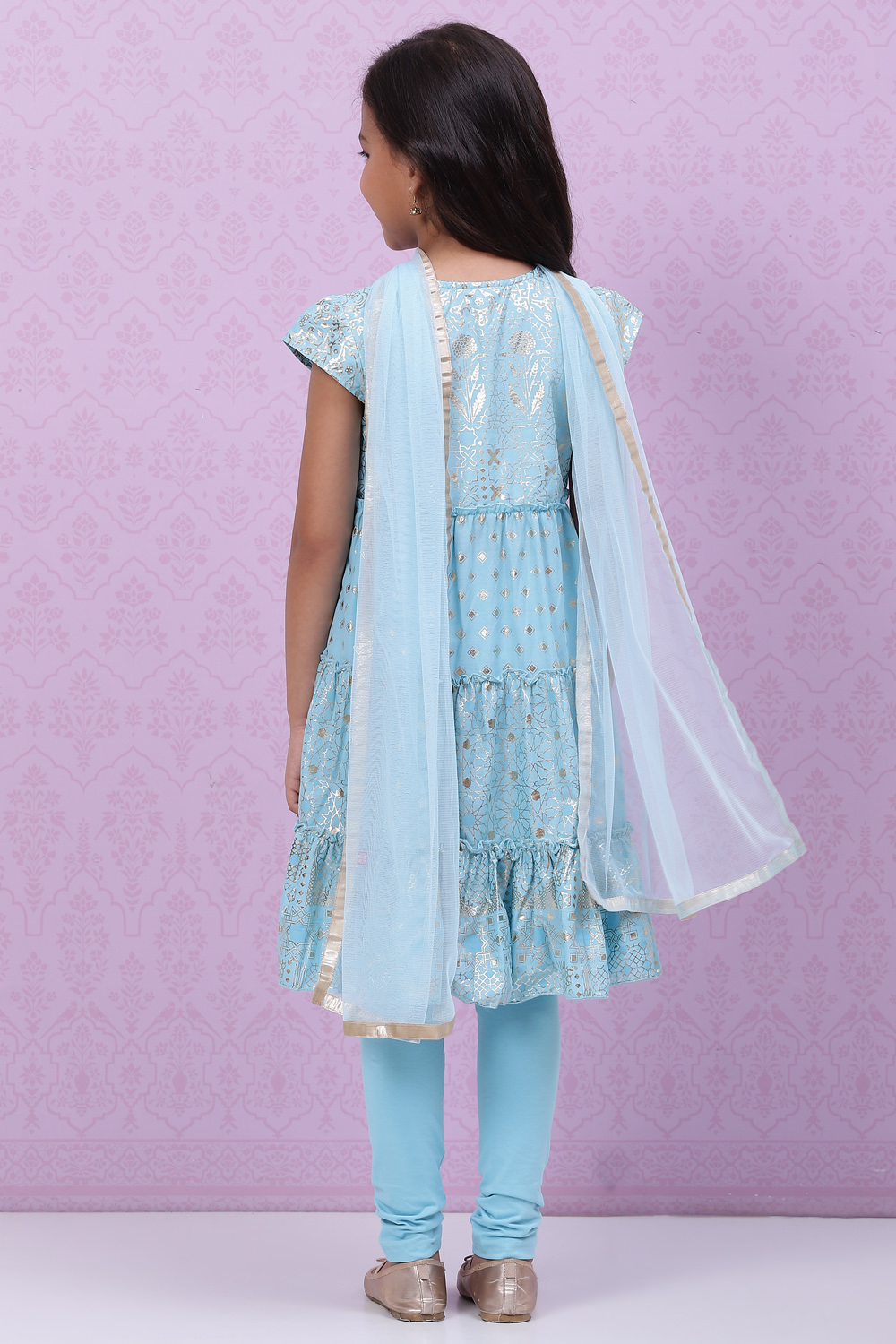 Blue Cotton Flared Kurta Churidar Suit Set image number 4