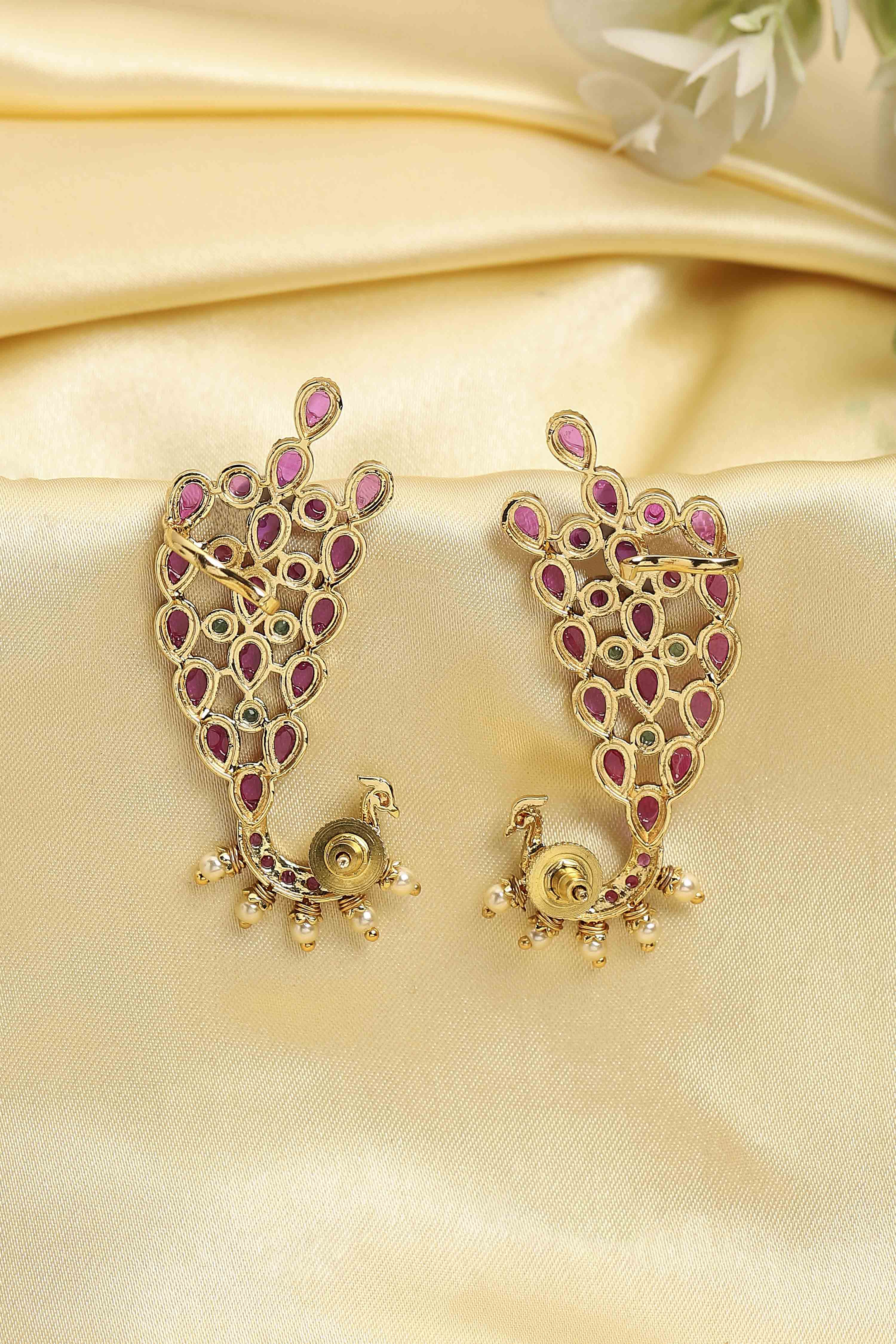 Multicolour Gold Plated Brass Peacock Motif Earcuffs image number 2